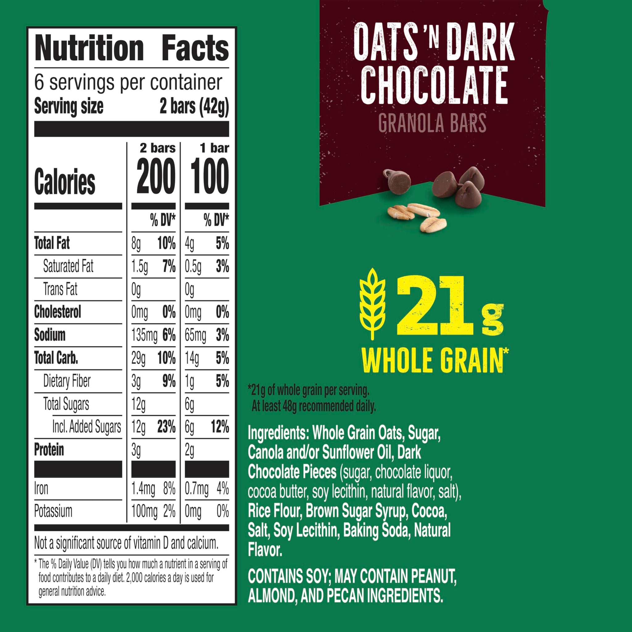 Nature Valley Crunchy Granola Bars, Oats 'n Dark Chocolate, 12 Ct, 8.94 oz (6 Pouches)