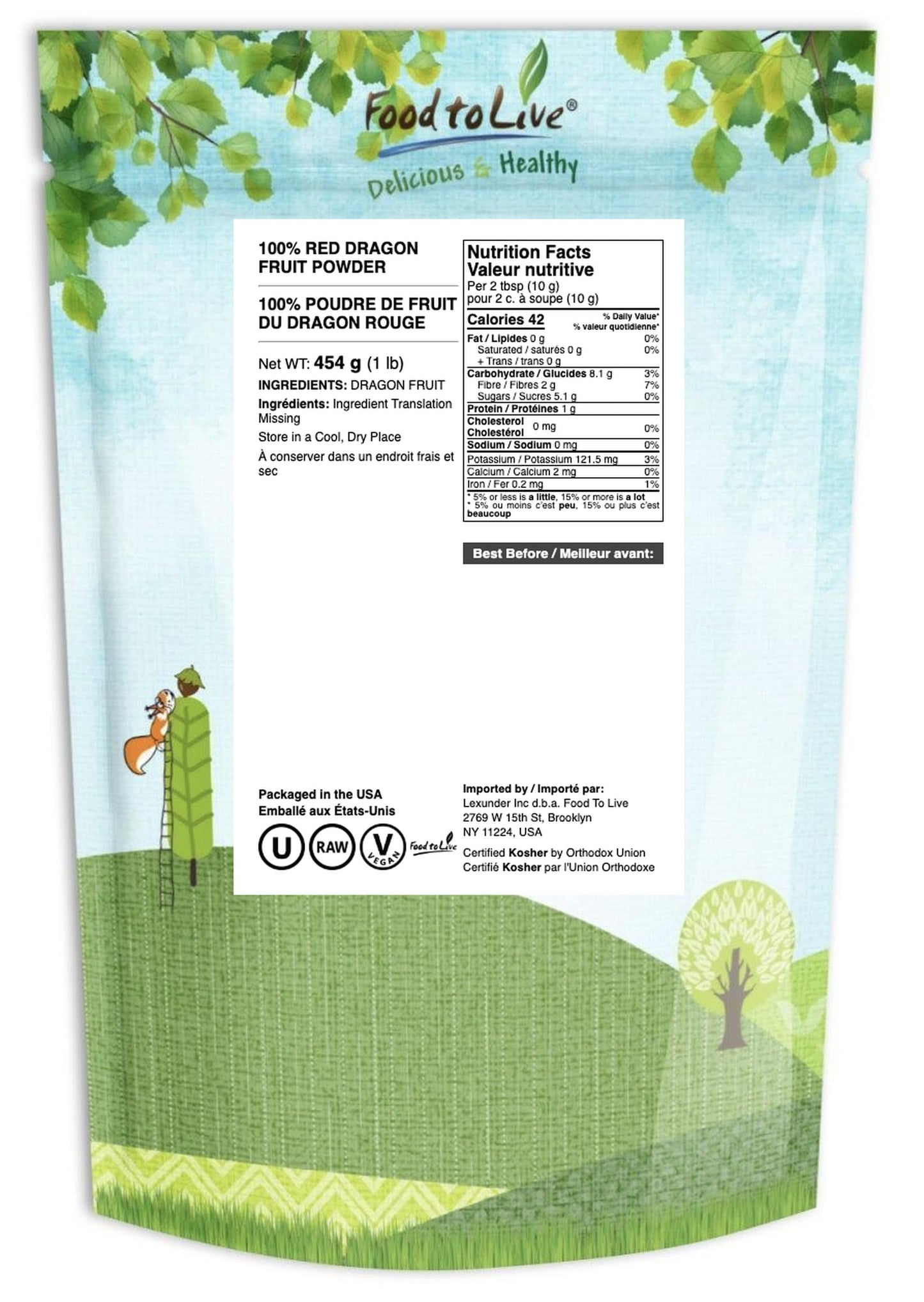 Food to Live Freeze-Dried Dragon Fruit Powder, 1 Pounds - Vegan, Kosher, Bulk, Dehydrated Dragonfruit for Smoothies and Baking