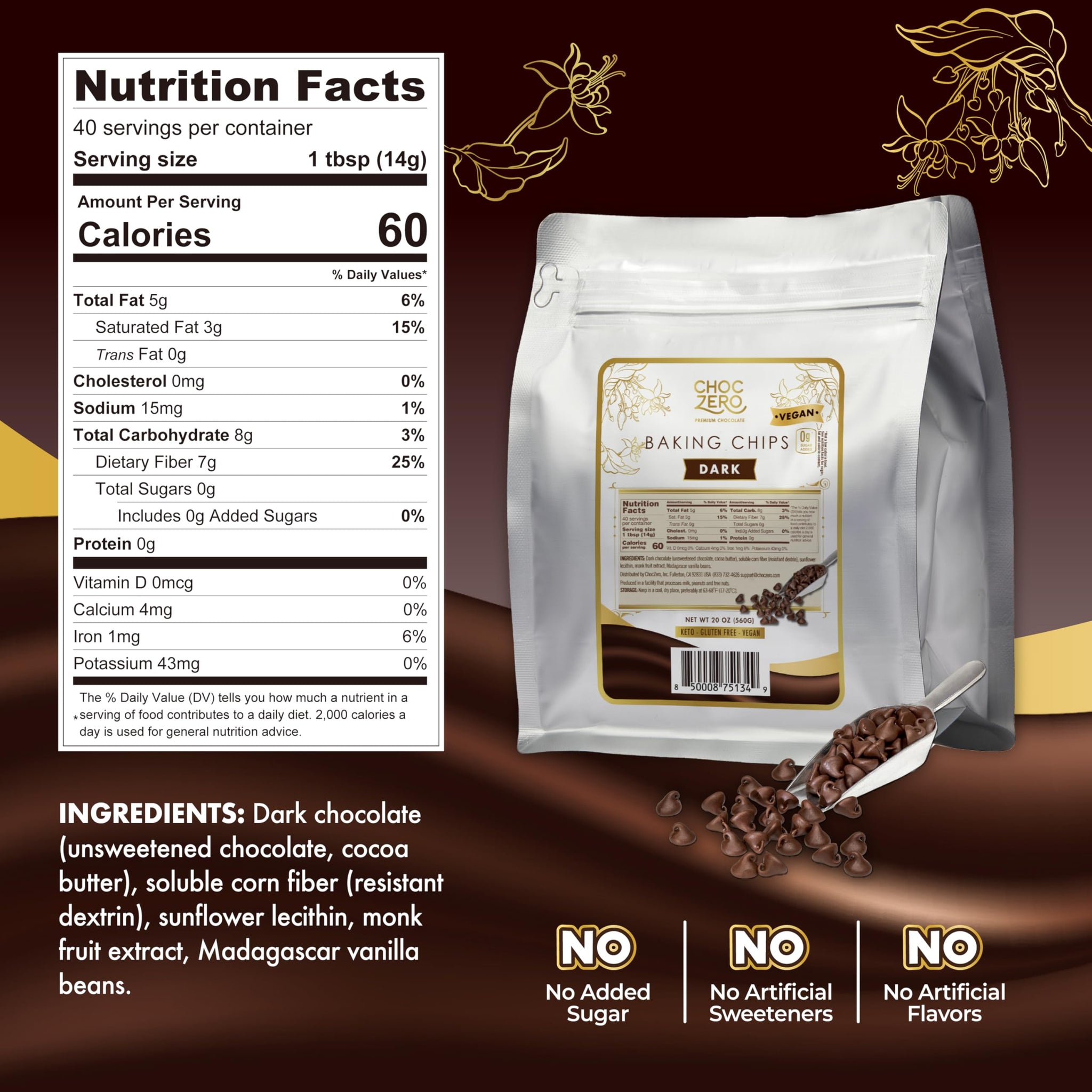 ChocZero Dark Chocolate Chips, Sugar Free, Vegan, Keto & Low Carb, Gluten Free, No Sugar Alcohols, 20 oz Bag for Baking & Desserts