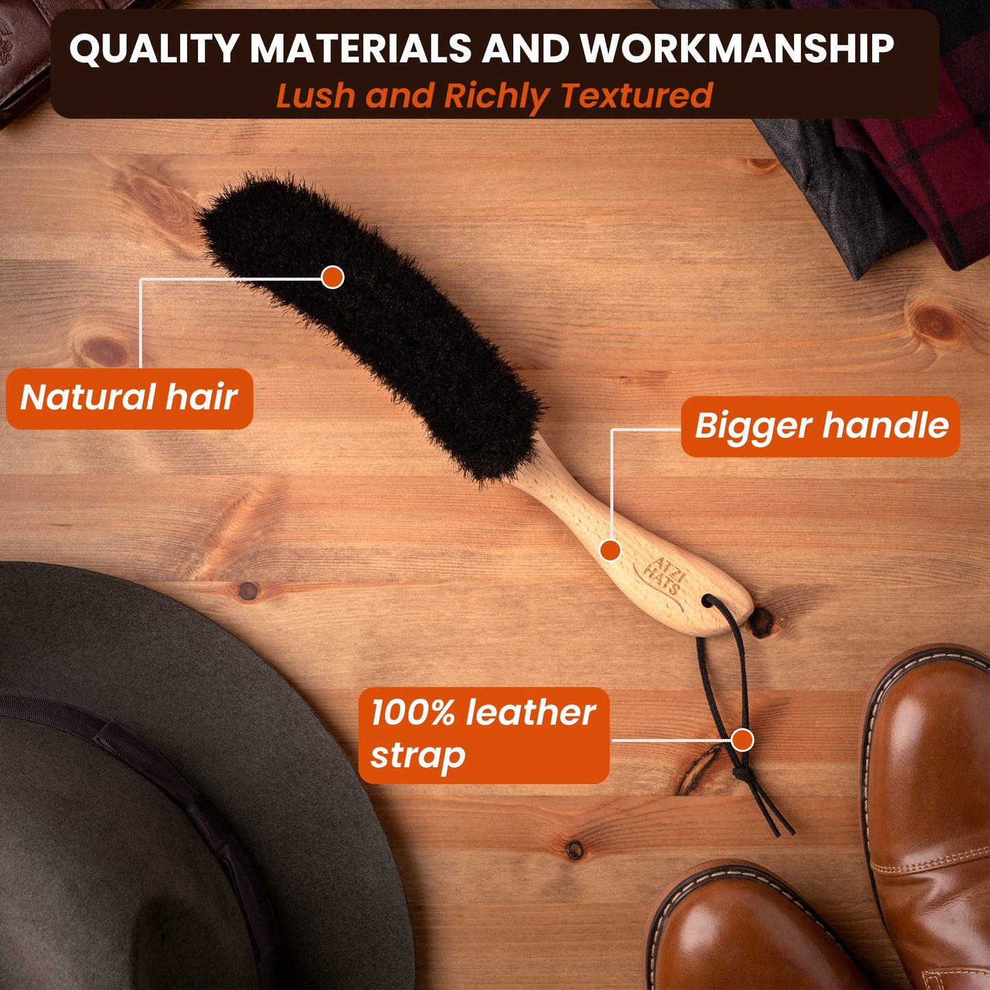 Atzi Hats Clothes Brush, Horse Hair Bristle, Cowboy Hat Brush, Suit Lint Brush, Wool, Cashmere, Velvet, Suede, Fabric Brush, Furniture Pet Hair Brush