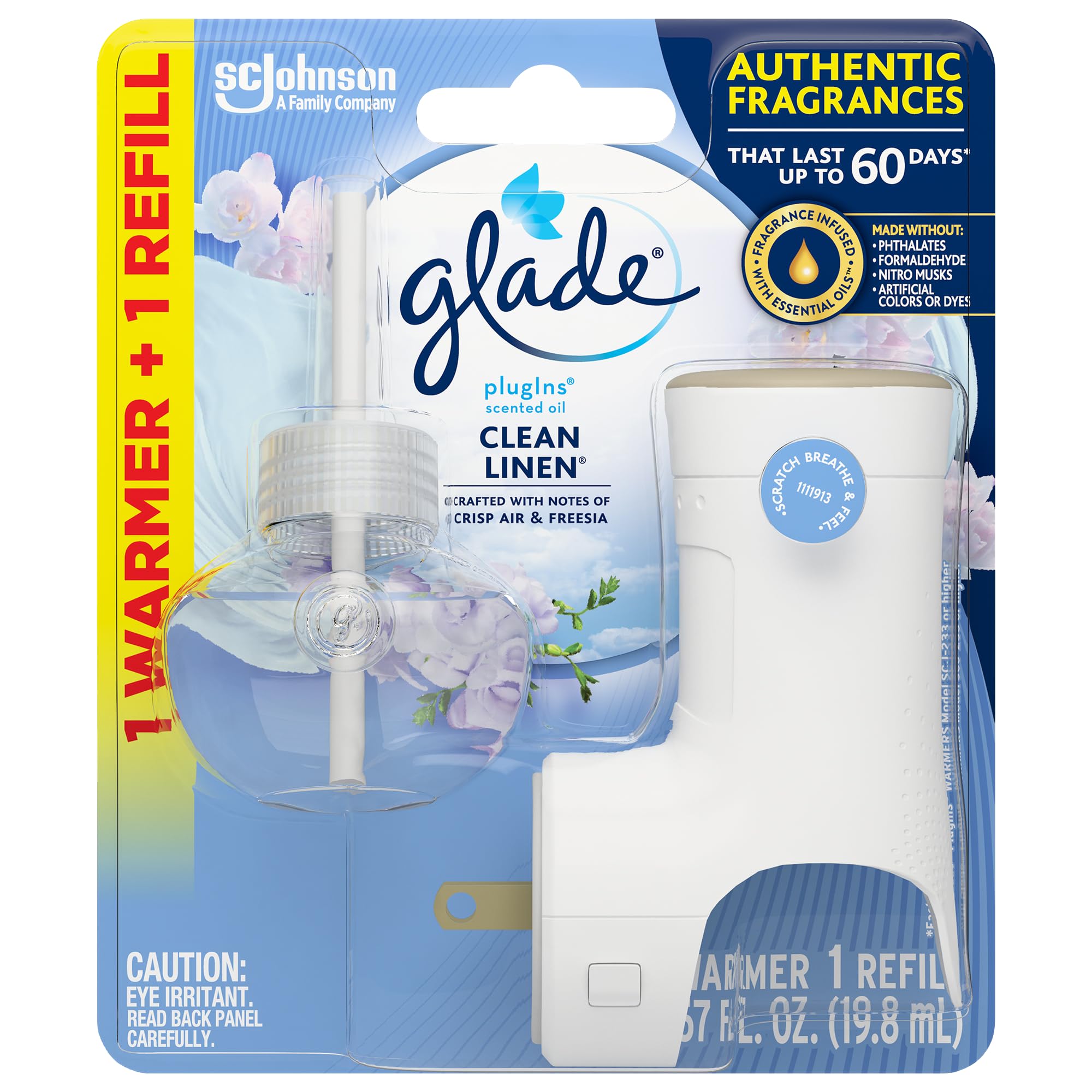 Glade PlugIns Refills Air Freshener Starter Kit, Clean Linen, Scented and Essential Oils for Home and Bathroom, 0.67 Fl Oz, 1 Warmer + 1 Refill
