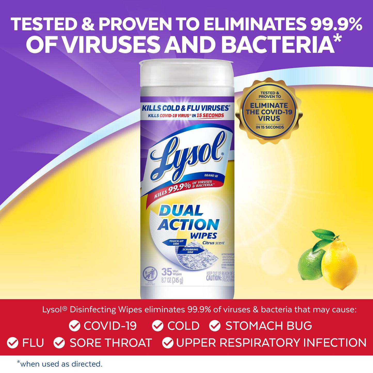 Lysol Dual Action, Disinfecting Wipes, Citrus, Blue 35Ct