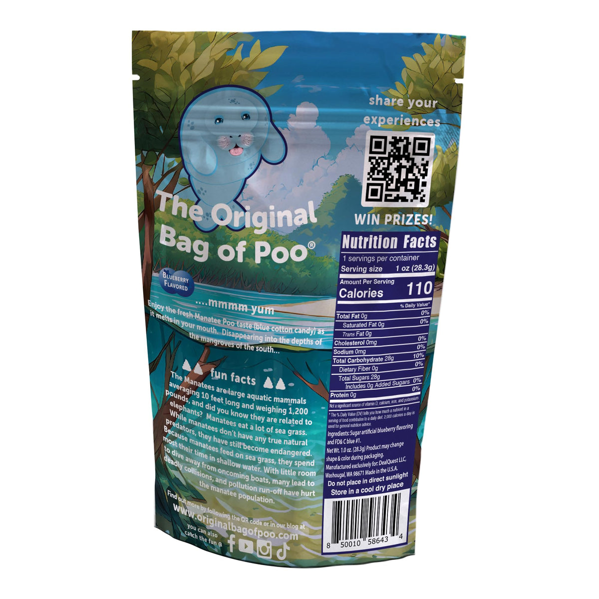 The Original Bag of Poo®, Manatee Poo (Blueberry Flavor Cotton Candy) Novelty Poop Gag Gift. Free sticker inside.