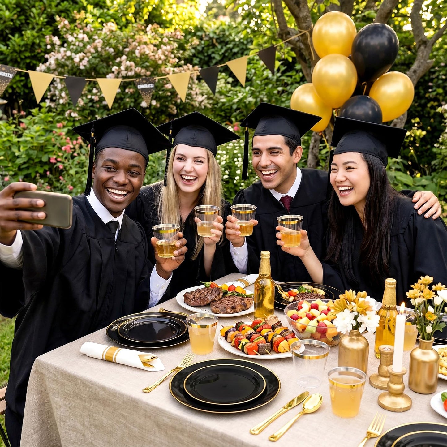 cheerserve 175pcs Plastic Dinnerware Set,Black and Gold Plastic Plates for 25 Guests Include 50 Elegant Plastic Plates,75 Plastic Silverware Set,25