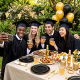 cheerserve 175pcs Plastic Dinnerware Set,Black and Gold Plastic Plates for 25 Guests Include 50 Elegant Plastic Plates,75 Plastic Silverware Set,25