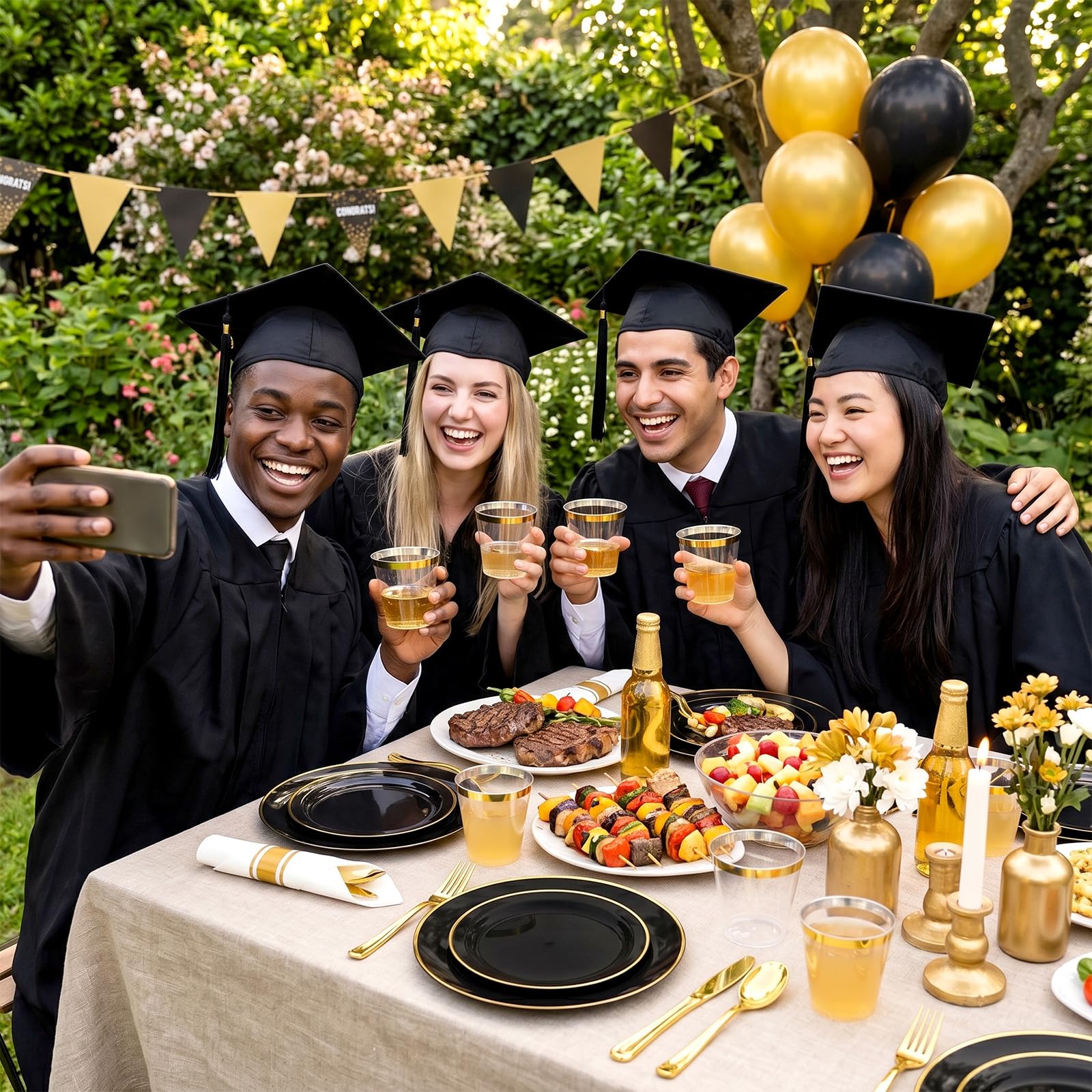 cheerserve 175pcs Plastic Dinnerware Set,Black and Gold Plastic Plates for 25 Guests Include 50 Elegant Plastic Plates,75 Plastic Silverware Set,25