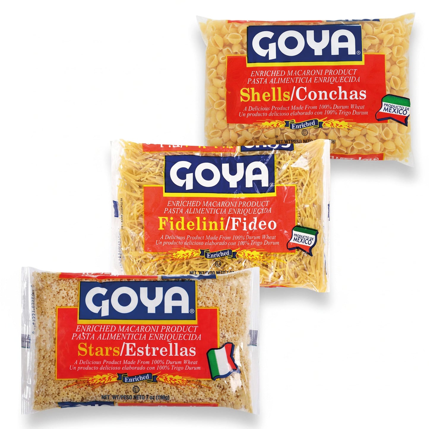 Goya Pasta for Soup Trio, Fidelini Pasta, Stars Enriched Macaroni Pasta, Shells Enriched Macaroni Pasta, Pasta Variety Pack, Soup Pasta Sampler, 7oz