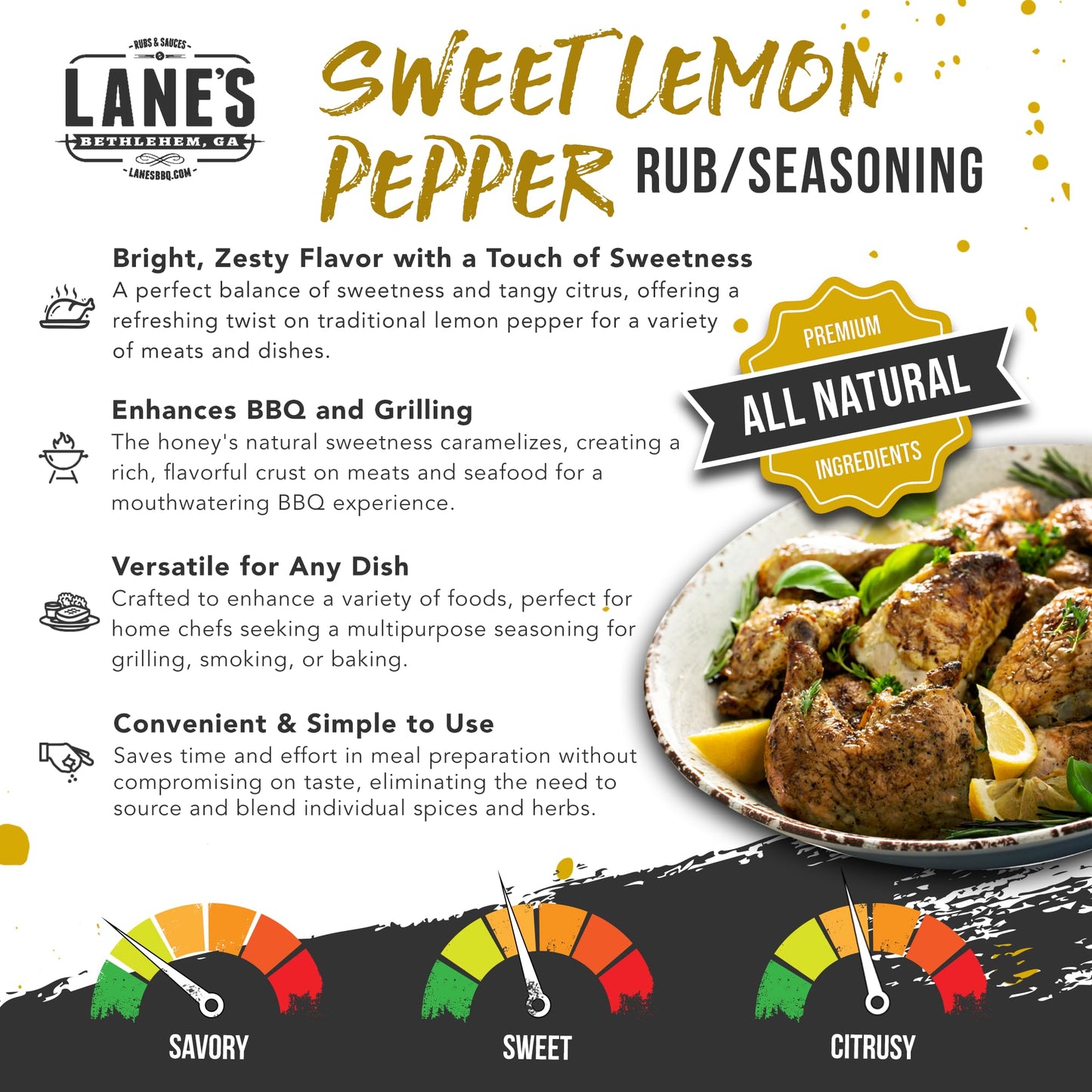 Lane's Sweet Lemon Pepper Seasoning, All-Natural Lemon Seasoning Blend with Citrus, Lemon Pepper Powder, and Honey, Made in USA, 12.7 Oz