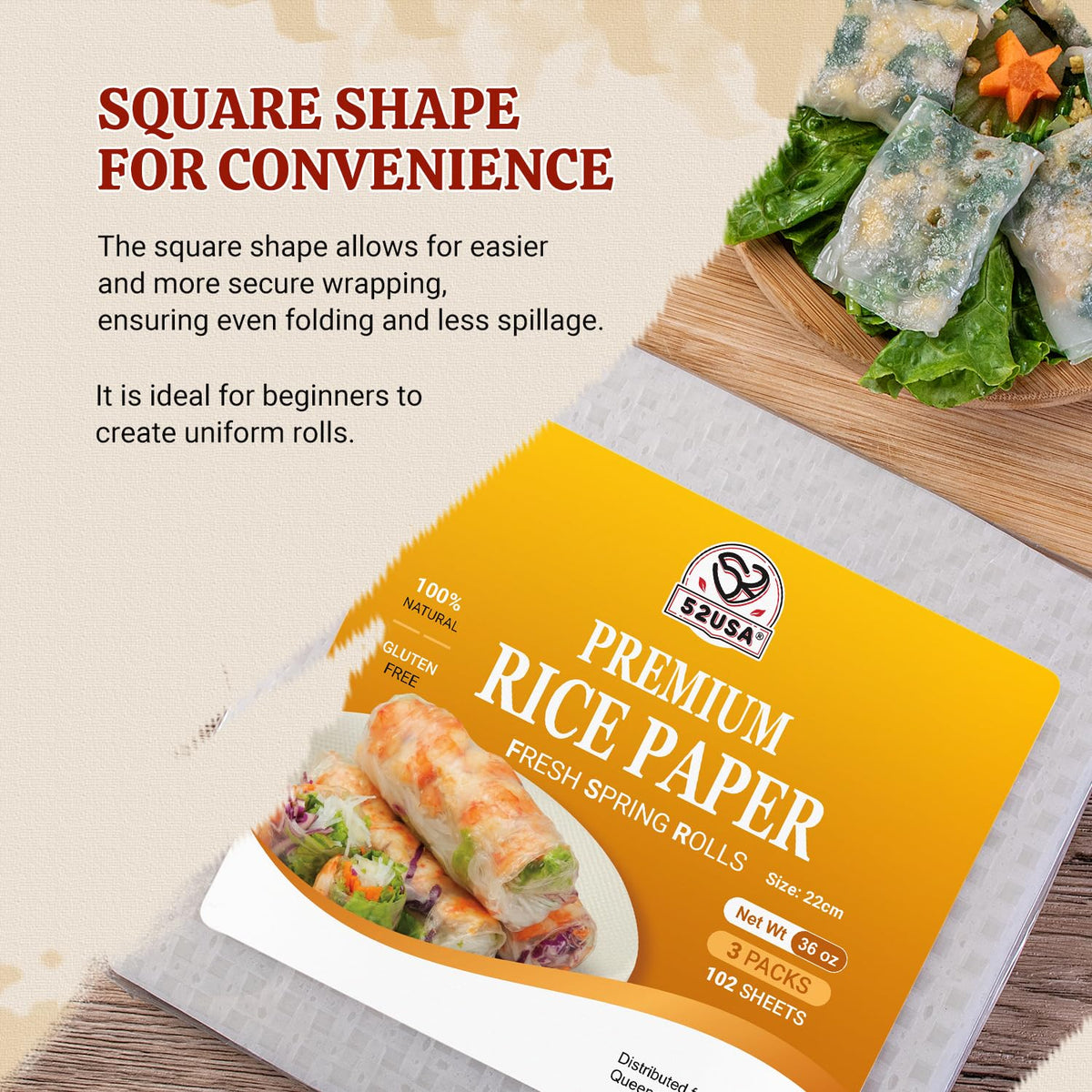 52USA Square Rice Paper 3 Pack 102 Sheets, Spring Roll Wrapper & Dumpling