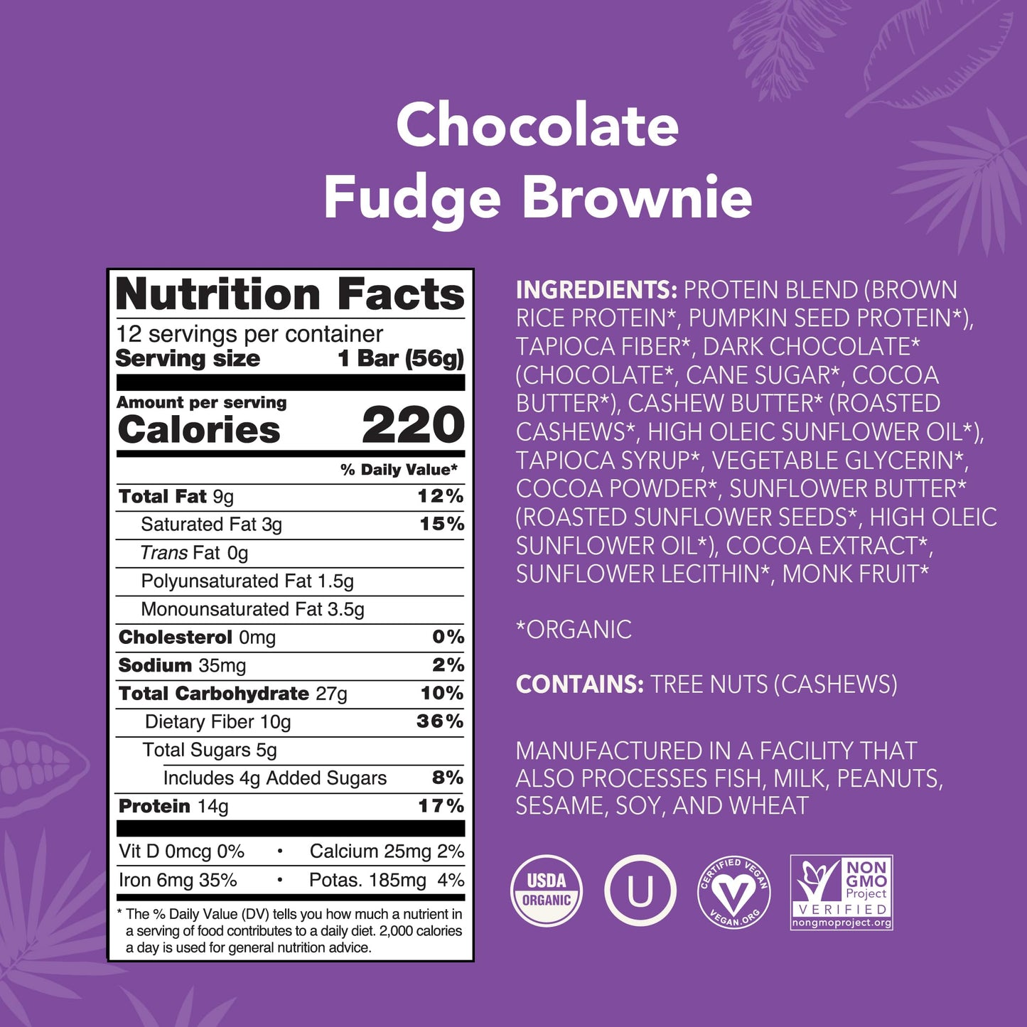 ALOHA Organic Plant-Based Protein Bars | Chocolate Fudge Brownie | Vegan, Gluten-Free, Paleo, Low-Carb, Non-GMO, Soy-Free, 12 Count