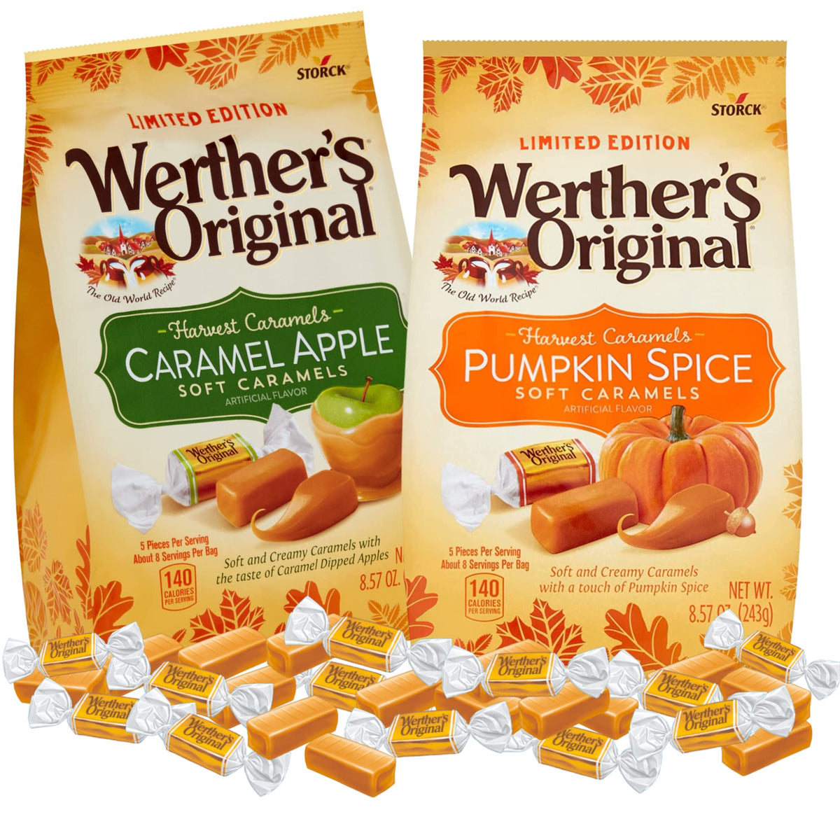 Werther's Original Pumpkin Spice and Caramel Apple Soft Caramels, Pack of 2