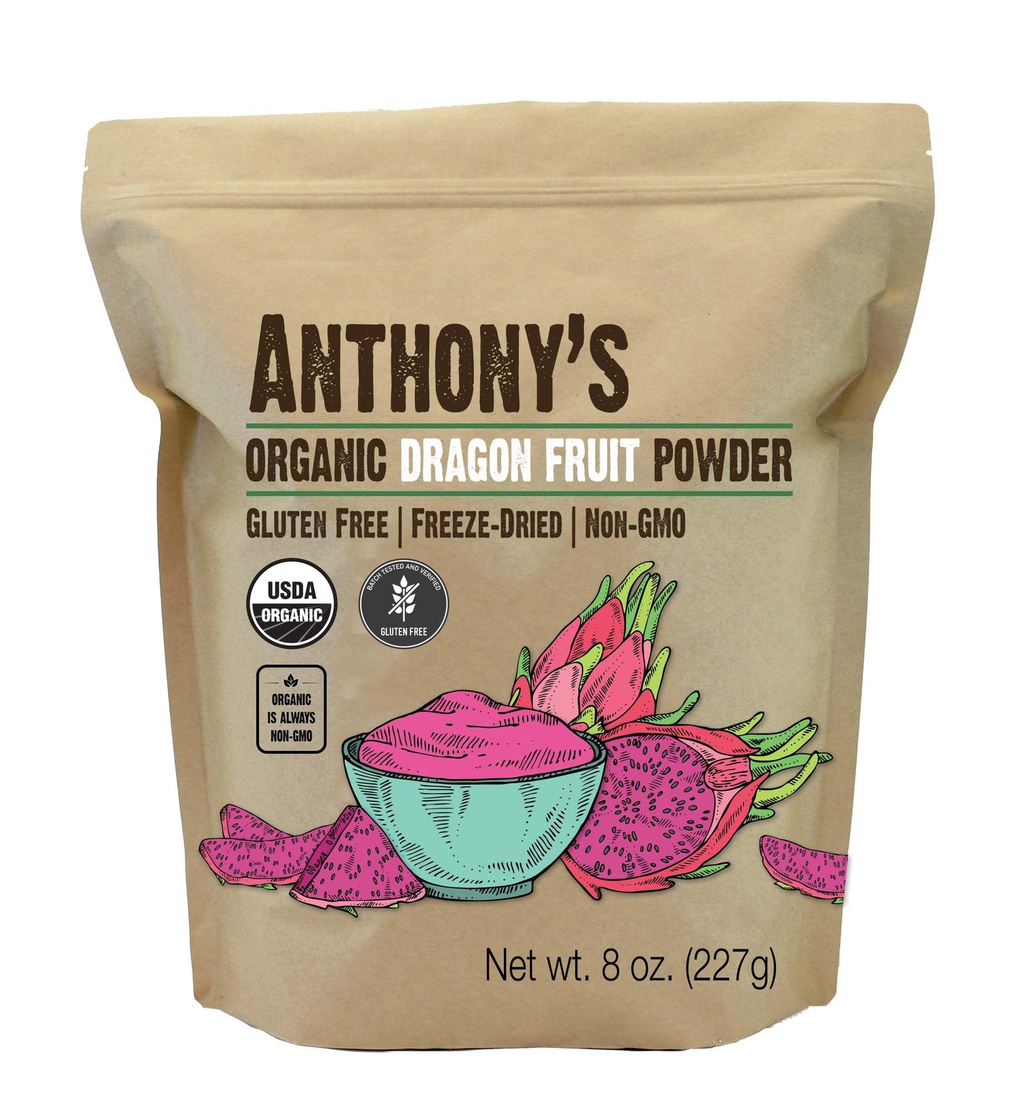 Anthony's Organic Dragon Fruit Powder, 8 oz, Freeze-Dried, Gluten Free, Non GMO