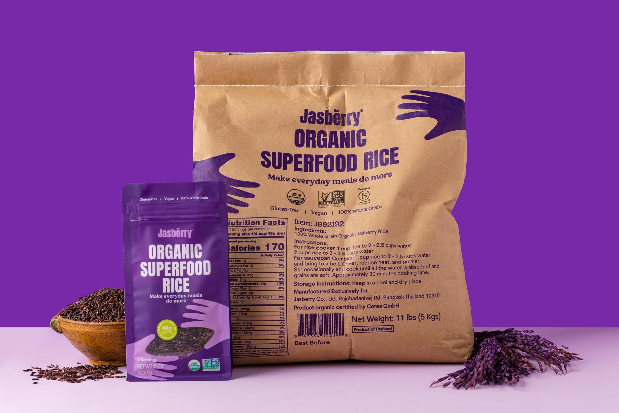 Jasberry - Organic Superfood Rice, Soft & Aromatic Whole Grain Purple Rice, High in Antioxidants, Non-GMO, Gluten-free, Easy to cook, Versatile USDA Certified Organic, Vegan, Sustainable, Regenerative Farming, Small-scale farmers (11 Pound Bag)