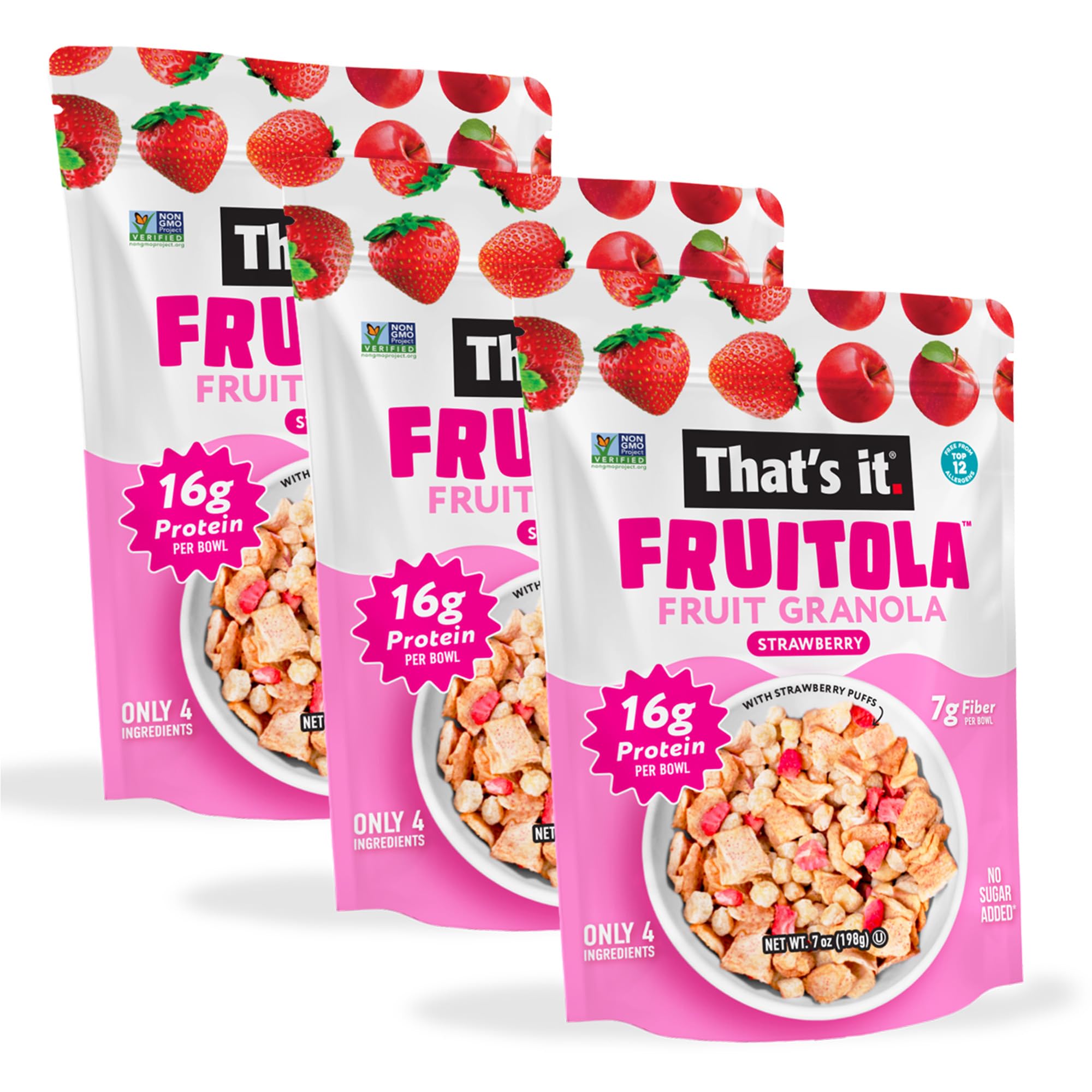 That’s it. Fruitola Fruit Granola - Strawberry, 16g Plant-Based Protein + 7g Fiber from Fruit Per Bowl, 100% Real Fruits, Only 4 Ingredients, Zero