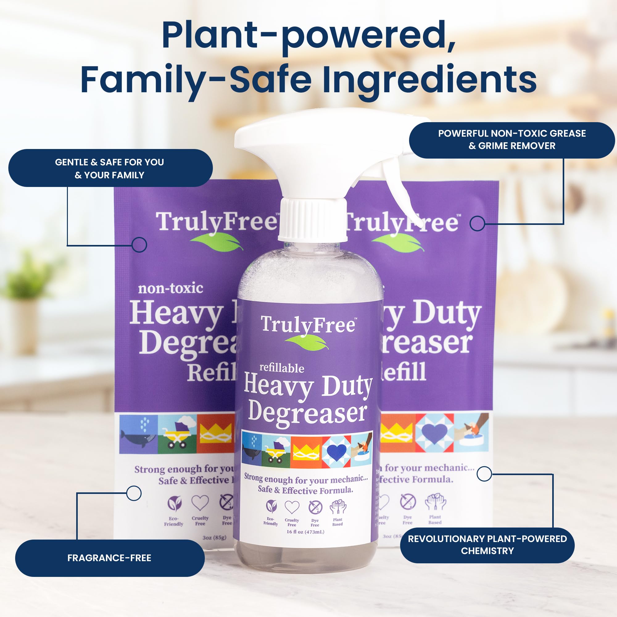 Truly Free Heavy Duty Degreaser - Grease Remover & Grime Cleaner for Kitchen, Automotive & More, Household Cleaning Supplies, Fragrance-Free, Includes