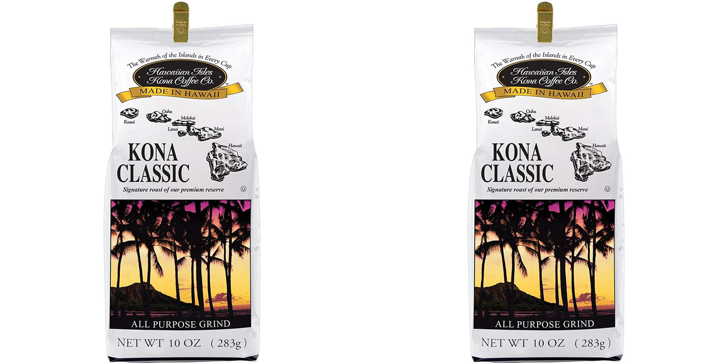 Hawaiian Isles Kona Coffee Co. Kona Classic Ground Coffee, Medium Roast, 8 ounce bag Pack of 2