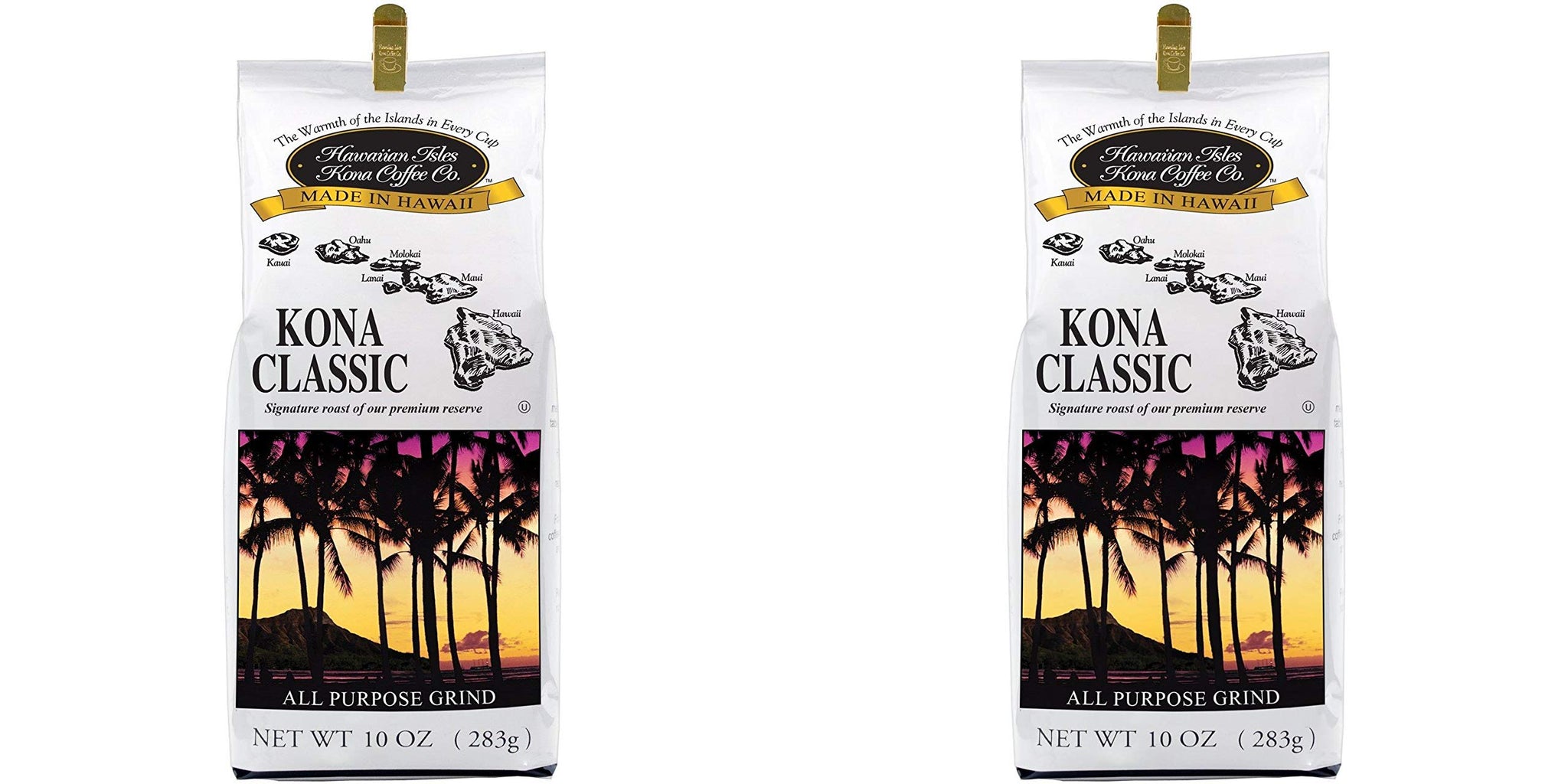 Hawaiian Isles Kona Coffee Co. Kona Classic Ground Coffee, Medium Roast, 8 ounce bag Pack of 2