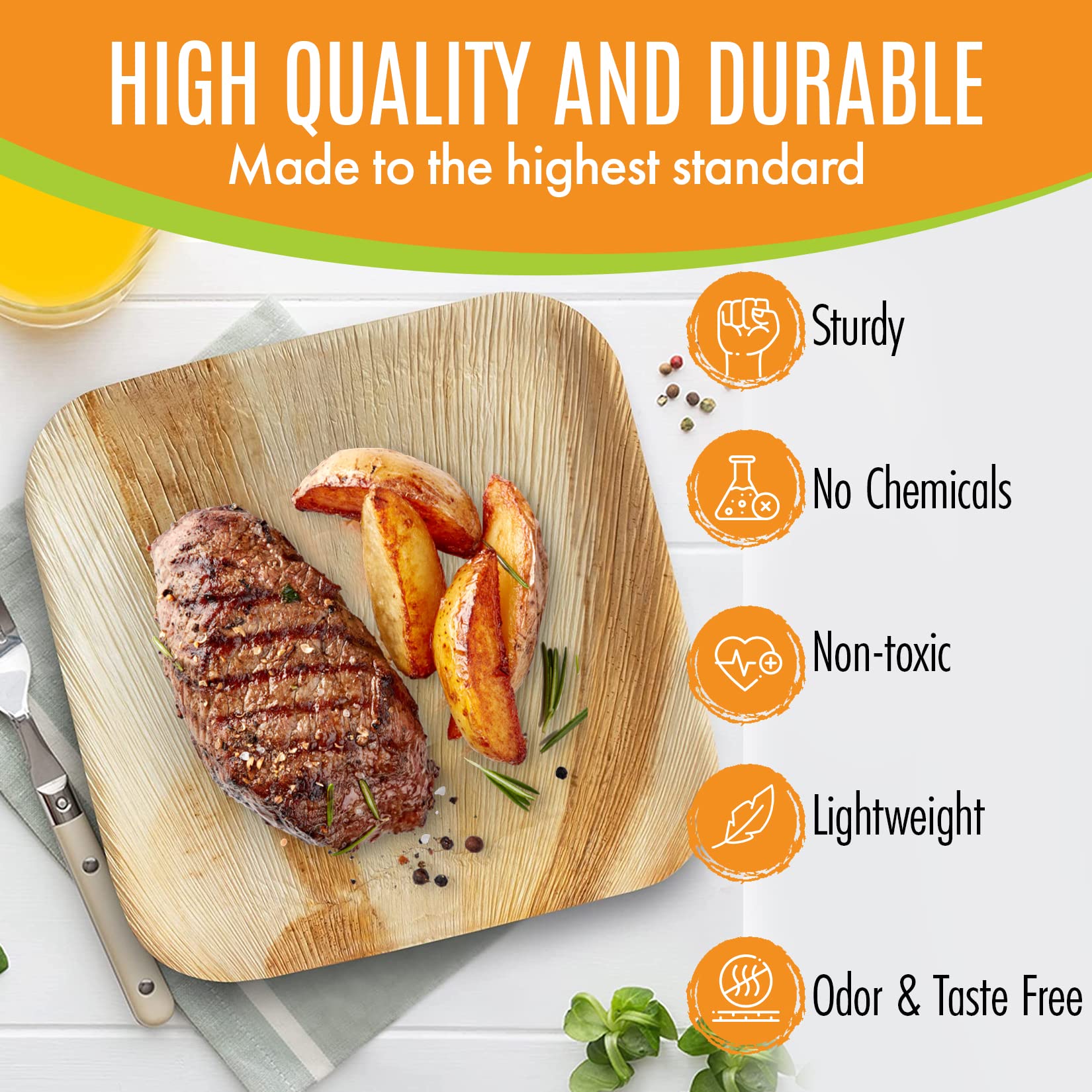 Raj Eco Compostable Palm Leaf Plates Like Bamboo Plates Disposable - 8 Inch Square 200 Plate, Natural wooden, Eco-Friendly, Fancy Biodegradable