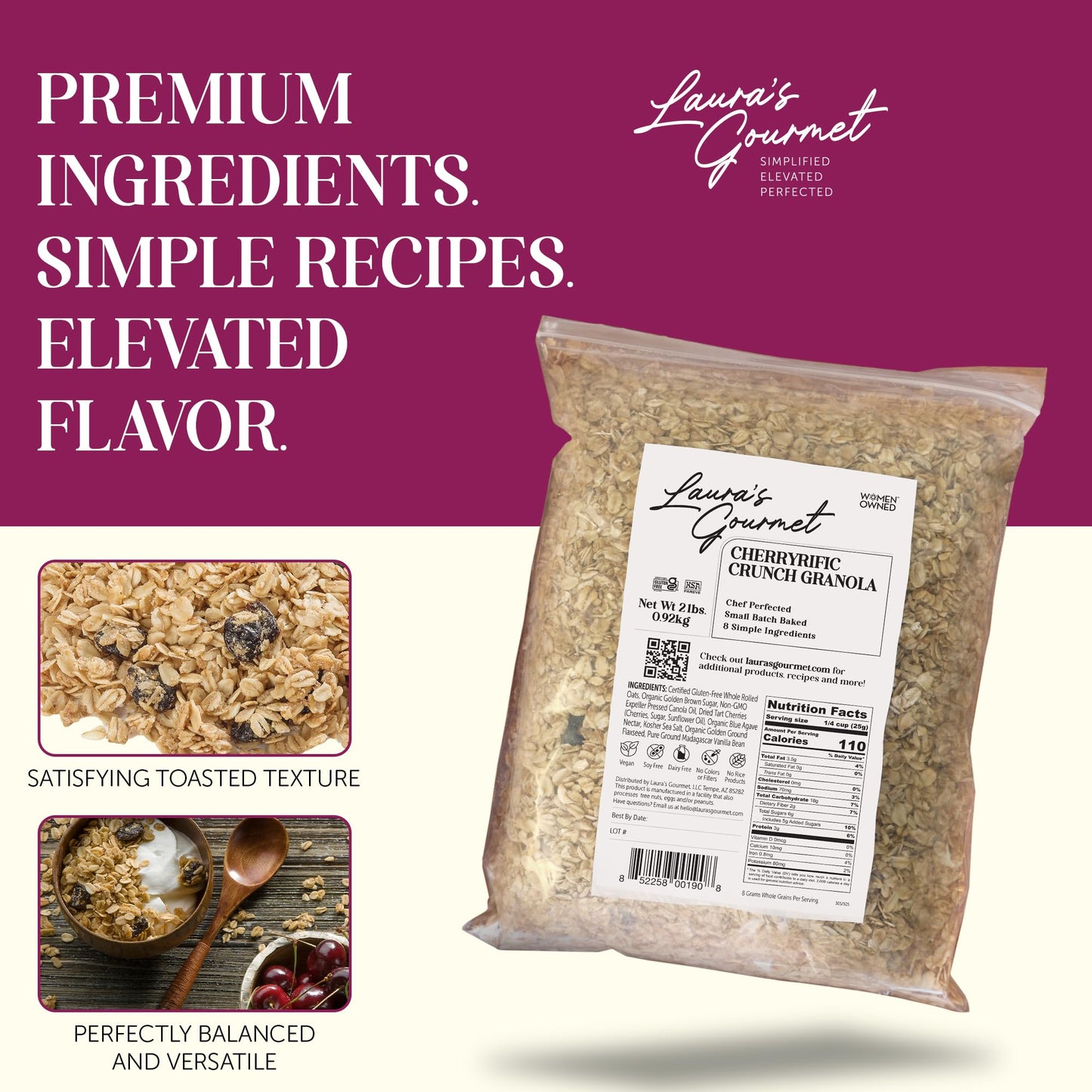 Laura's Gourmet Granola CherryRific Crunch, 2 lb, Gluten-Free Oats, Vegan, Dairy & Soy Free Snack, Organic Agave, Tart Cherries & Flaxseed, Artisan