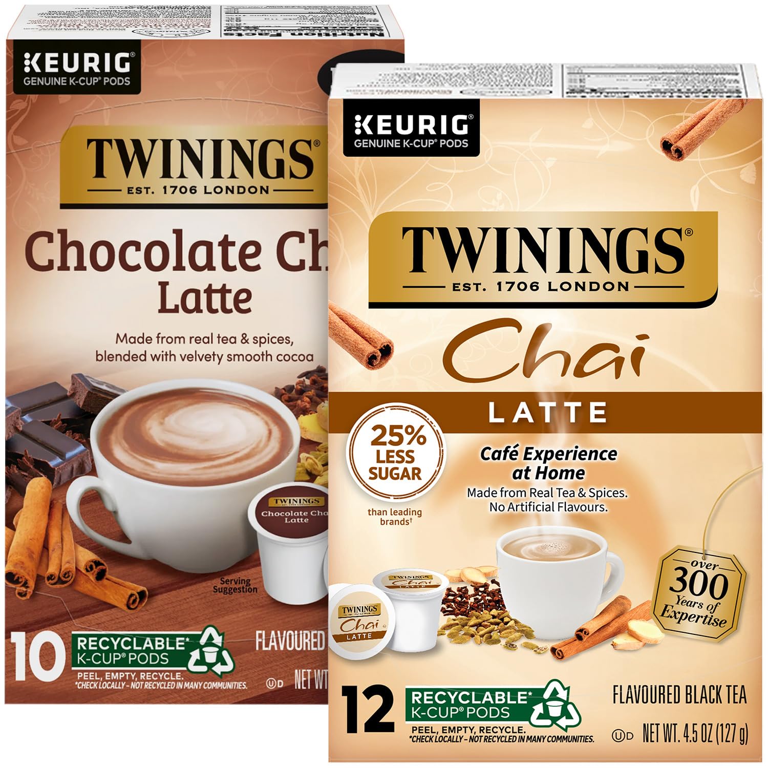 Twinings Chai Latte Variety K-Cup Pods for Keurig, 12 Traditional + 10 Chocolate, Made with Real Black Tea & Spices, Creamy, Slightly Sweet