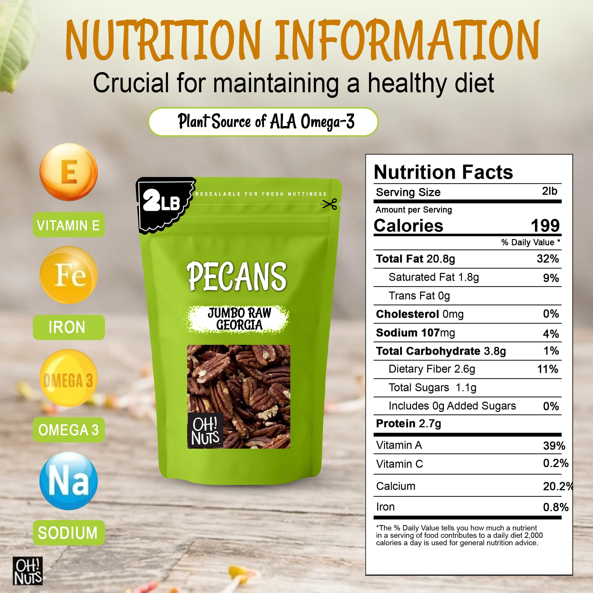 Oh! Nuts Pecans Halves & Wholes - Raw - 100% Natural - 2 lb - Raw Georgia Pecans - Packed in New York Zip-Seal Bag for Exceptional Freshness