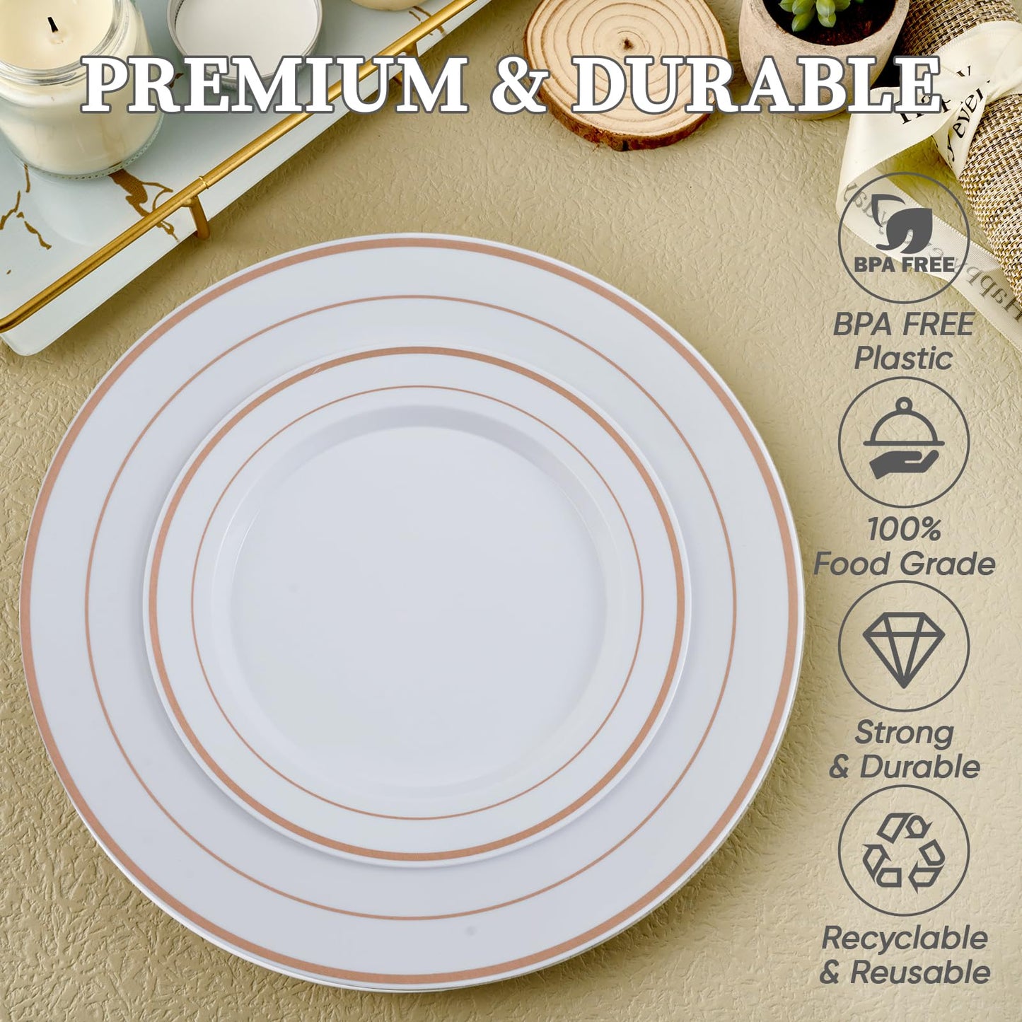 FOCUSLINE 120Pcs Rose Gold Plastic Plates, Disposable White and Rose Gold Rim Plastic Plates, Including 60 Dinner & Dessert Plate, Elegant Fancy Heavy