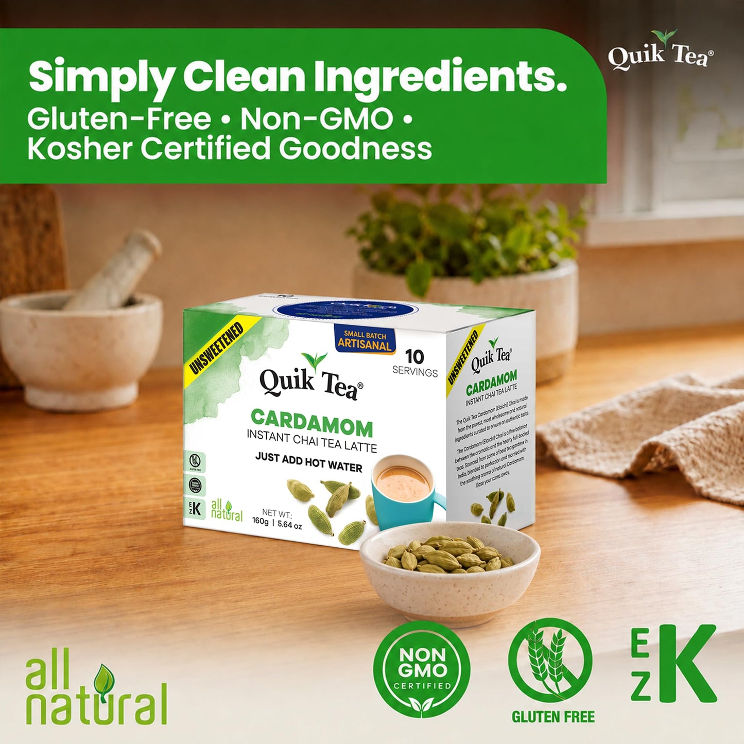 QuikTea Instant Cardamom Chai Tea Latte Unsweetened, 10 Single-Serve Sachets, Artisanal Indian Chai Latte Mix, Just Add Hot Water, Low Caffeine
