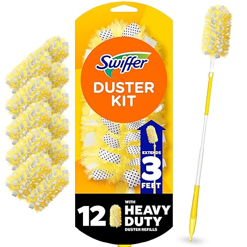Swiffer Duster Kit with 3 ft Extendable Handle, Dusters for Cleaning, Set Includes 1 Extension Pole and 12 Heavy Duty Dusting Refills Dust Cleaner