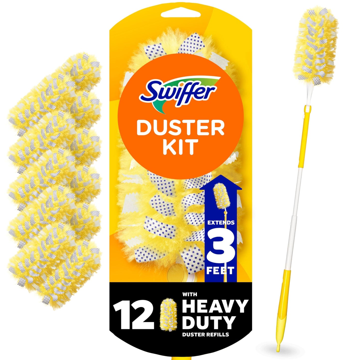 Swiffer Duster Kit with 3 ft Extendable Handle, Dusters for Cleaning, Set Includes 1 Extension Pole and 12 Heavy Duty Dusting Refills Dust Cleaner