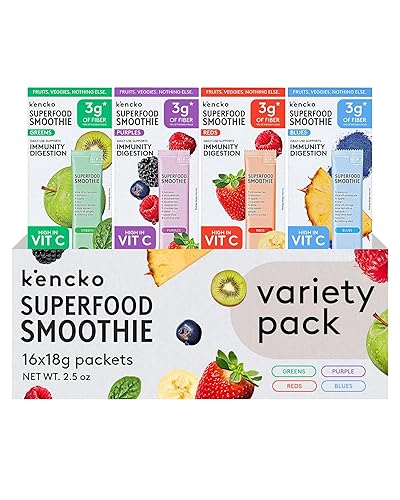 kencko Instant Smoothie Powder Mix Variety Packets, 16 Pack - Reds, Blues, Greens & Purples - Healthy Freeze-Dried Fruit & Veggie Superfood Powdered