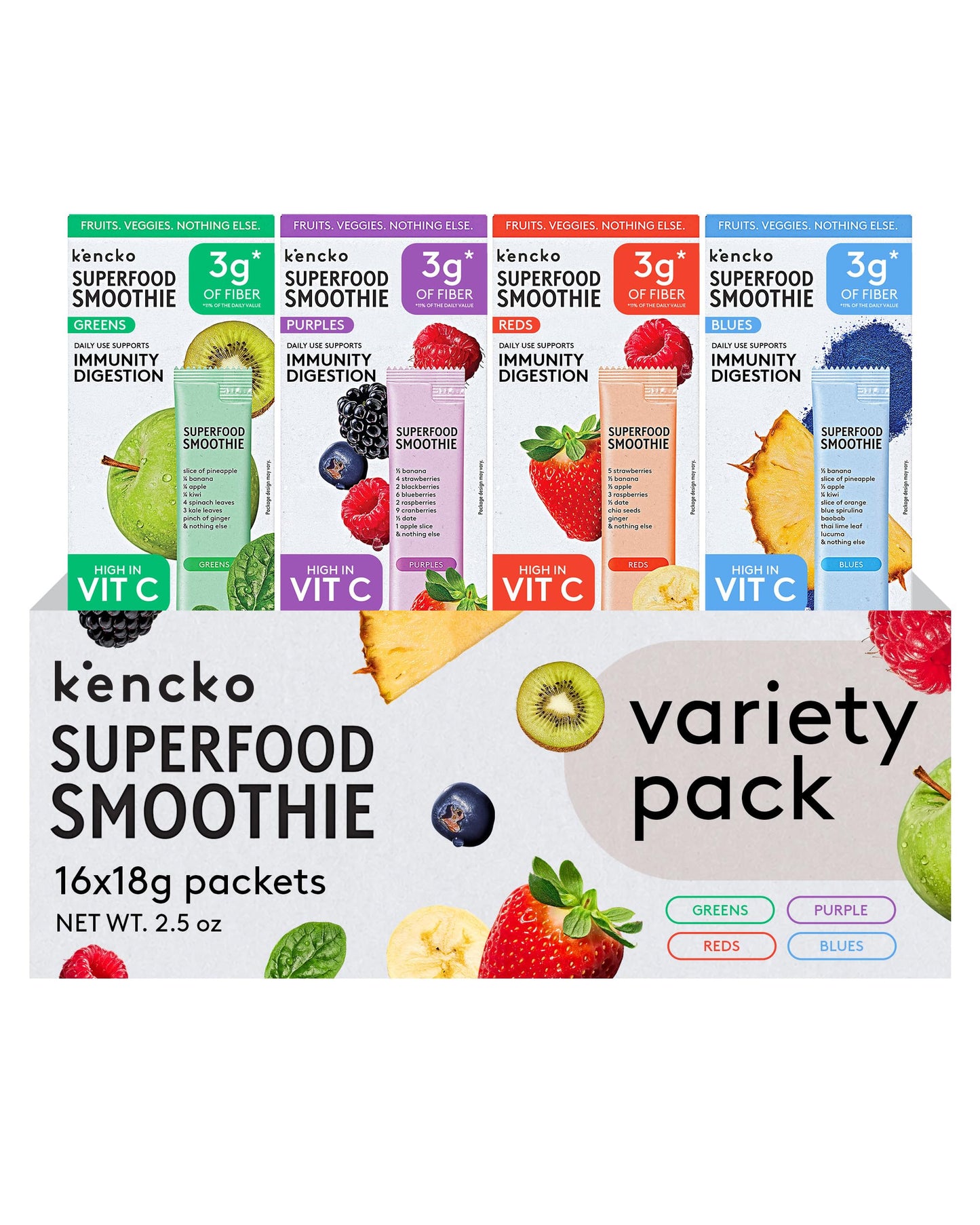 kencko Instant Smoothie Powder Mix Variety Packets, 16 Pack - Reds, Blues, Greens & Purples - Healthy Freeze-Dried Fruit & Veggie Superfood Powdered