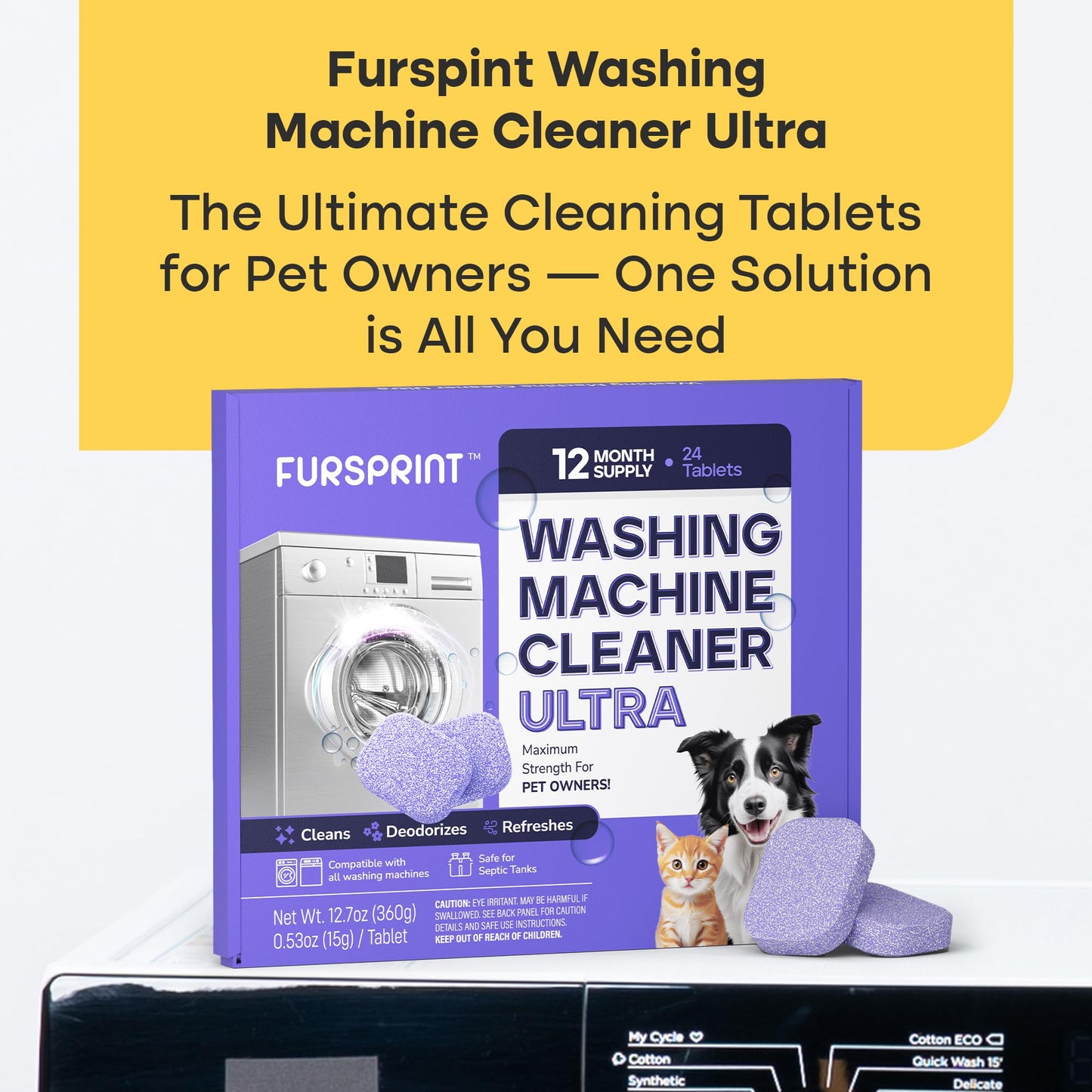 Fursprint Washing Machine Cleaner Tablets Ultra - 40% Stronger Formula: Designed for Pet Owners, Removes Residue, Grime & Odors, Compatible with HE