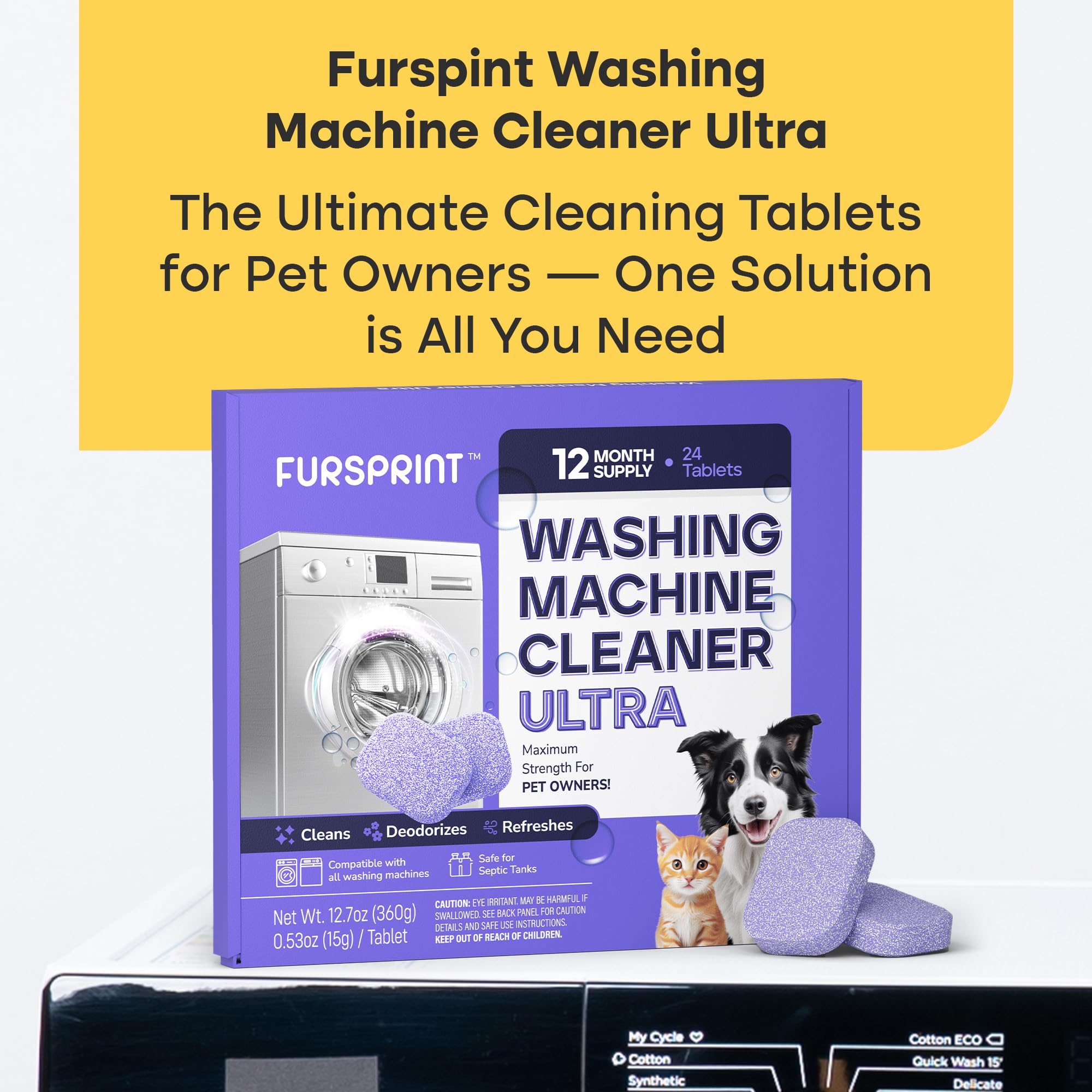Fursprint Washing Machine Cleaner Tablets Ultra - 40% Stronger Formula: Designed for Pet Owners, Removes Residue, Grime & Odors, Compatible with HE