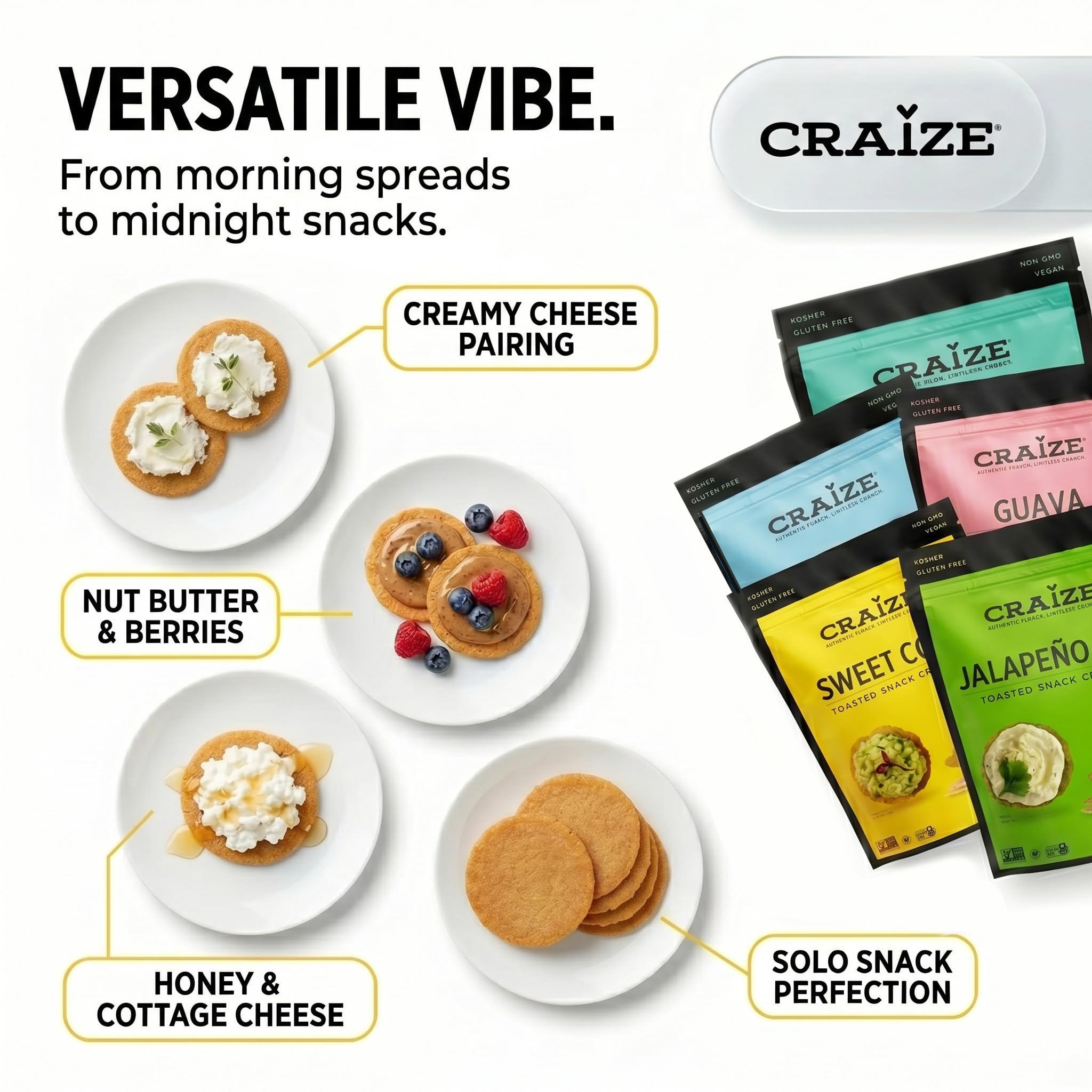 Craize Variety Pack | Sweet Corn x2, Coconut, Guava, Everything, Jalapeno Lime Crisps | Gluten Free, Vegan, Toasted Corn Crackers | 6 pack, 4 oz each