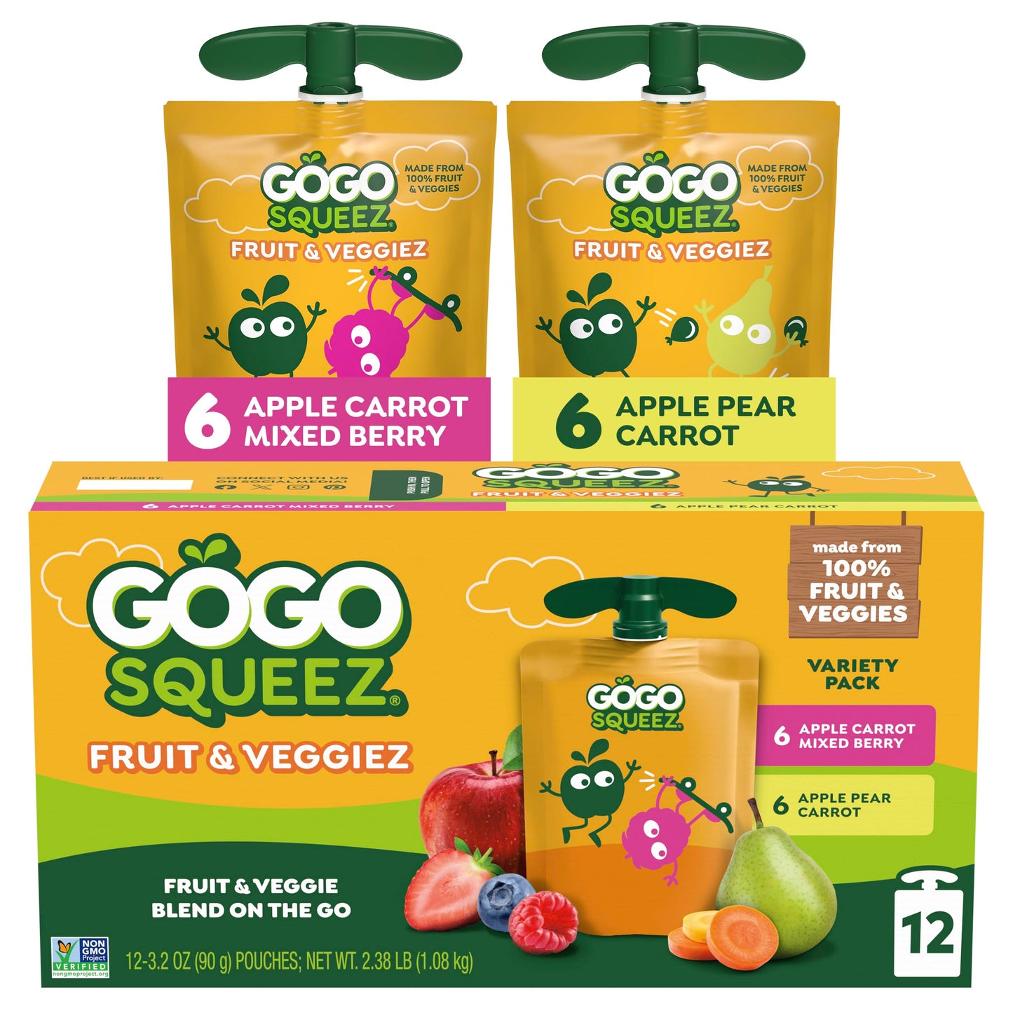 GoGo squeeZ Fruit & veggieZ Applesauce and Puree Variety Pack, Boulder Berry and Zippin' Pear, 3.2 oz (Pack of 12), Unsweetened Snacks for Kids, BPA