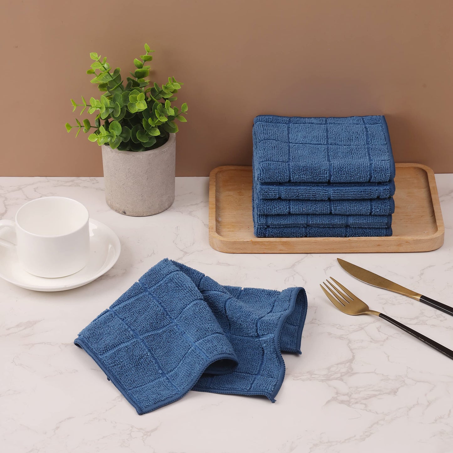 Alcoztily Microfiber Terry Dish Rags Set of 6, Super Absorbent and Lint Free Dish Cloths for Household, 11 x 11 Inches (Navy Blue, 6)