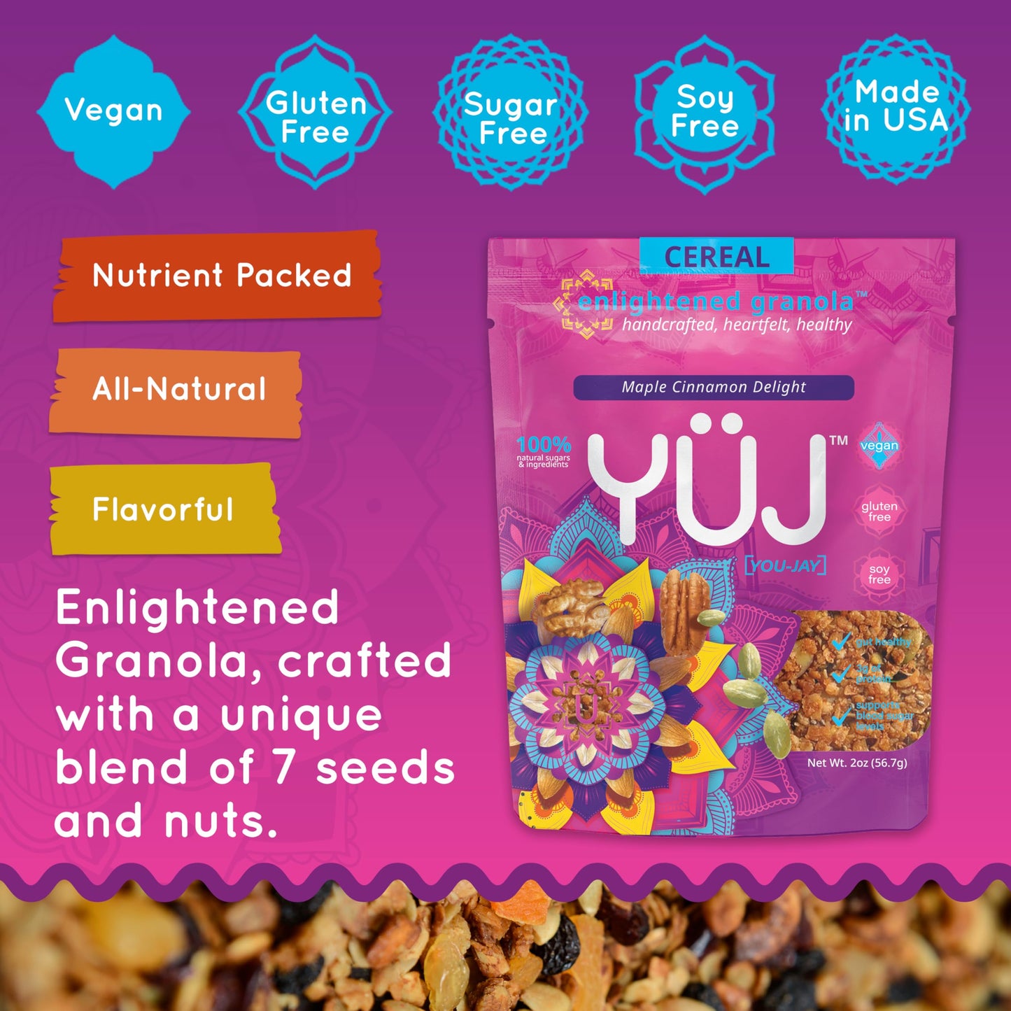 YÜJ Organic Vegan Granola | Original Recipe Snack Packs (2oz) | Pack of 6