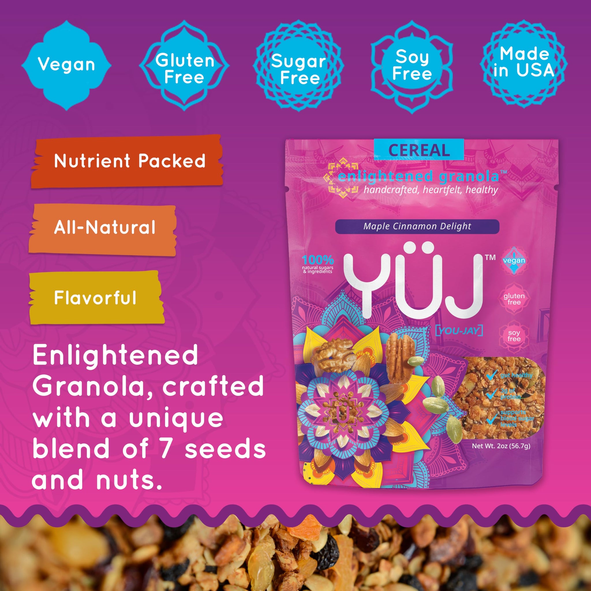 YÜJ Organic Vegan Granola | Original Recipe Snack Packs (2oz) | Pack of 6