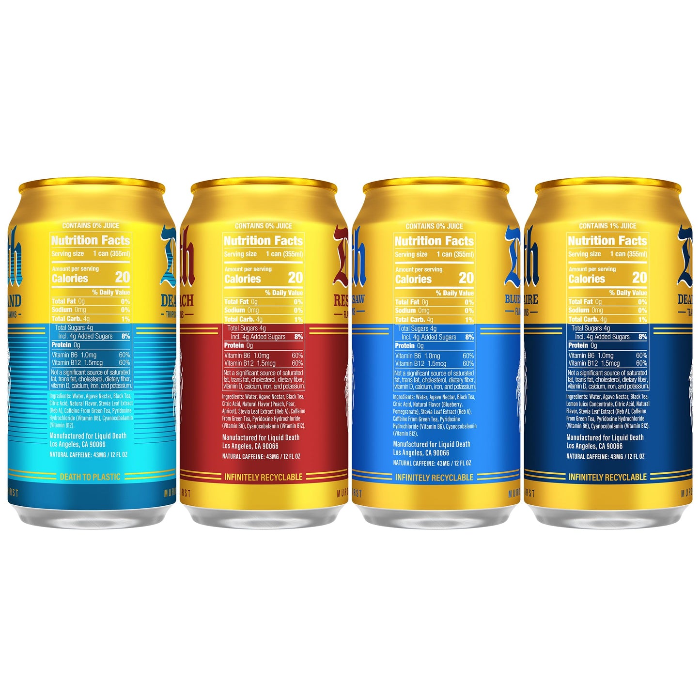 Liquid Death Iced Tea - Modern Variety, Less Sugar*, Boost of Caffeine, B Vitamins, No Artificial Sweeteners, 4 Flavors: Tea/Lemonade, Rest in Peach