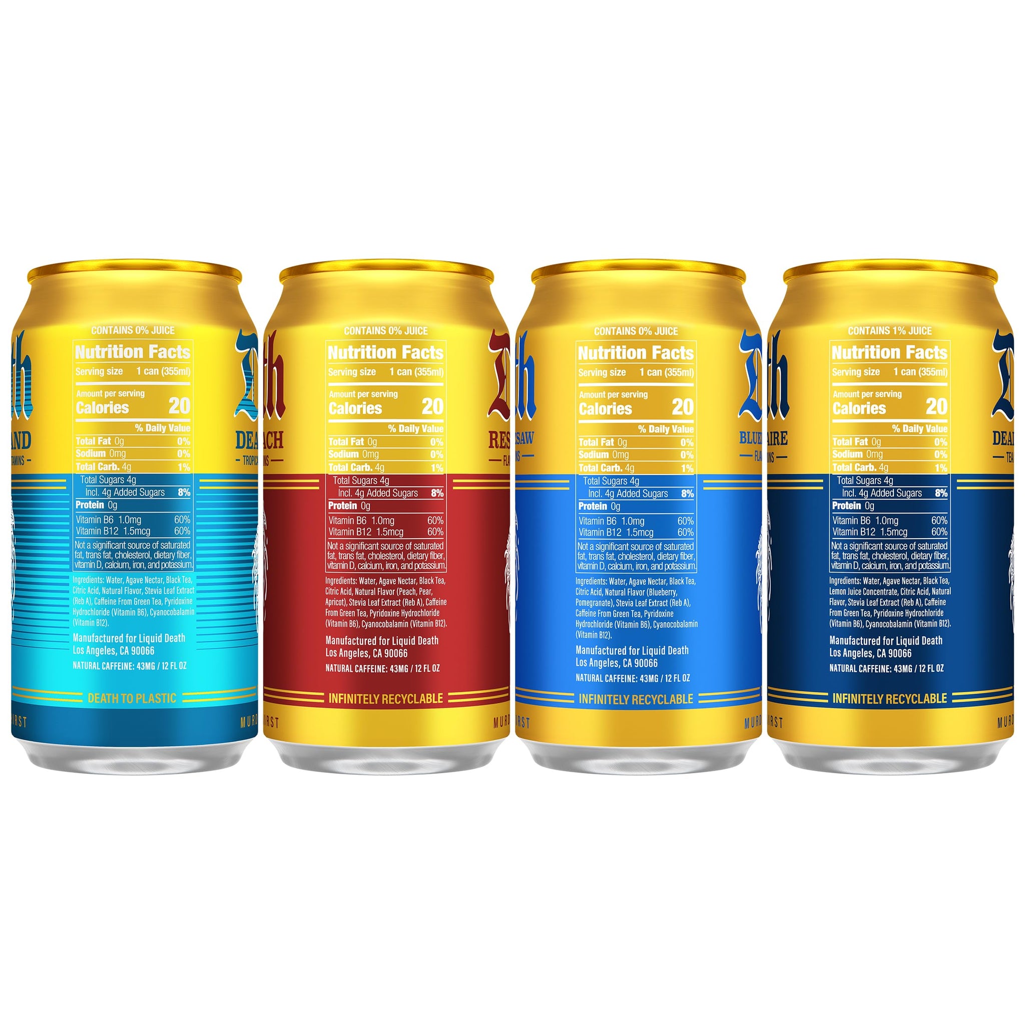 Liquid Death Iced Tea - Modern Variety, Less Sugar*, Boost of Caffeine, B Vitamins, No Artificial Sweeteners, 4 Flavors: Tea/Lemonade, Rest in Peach
