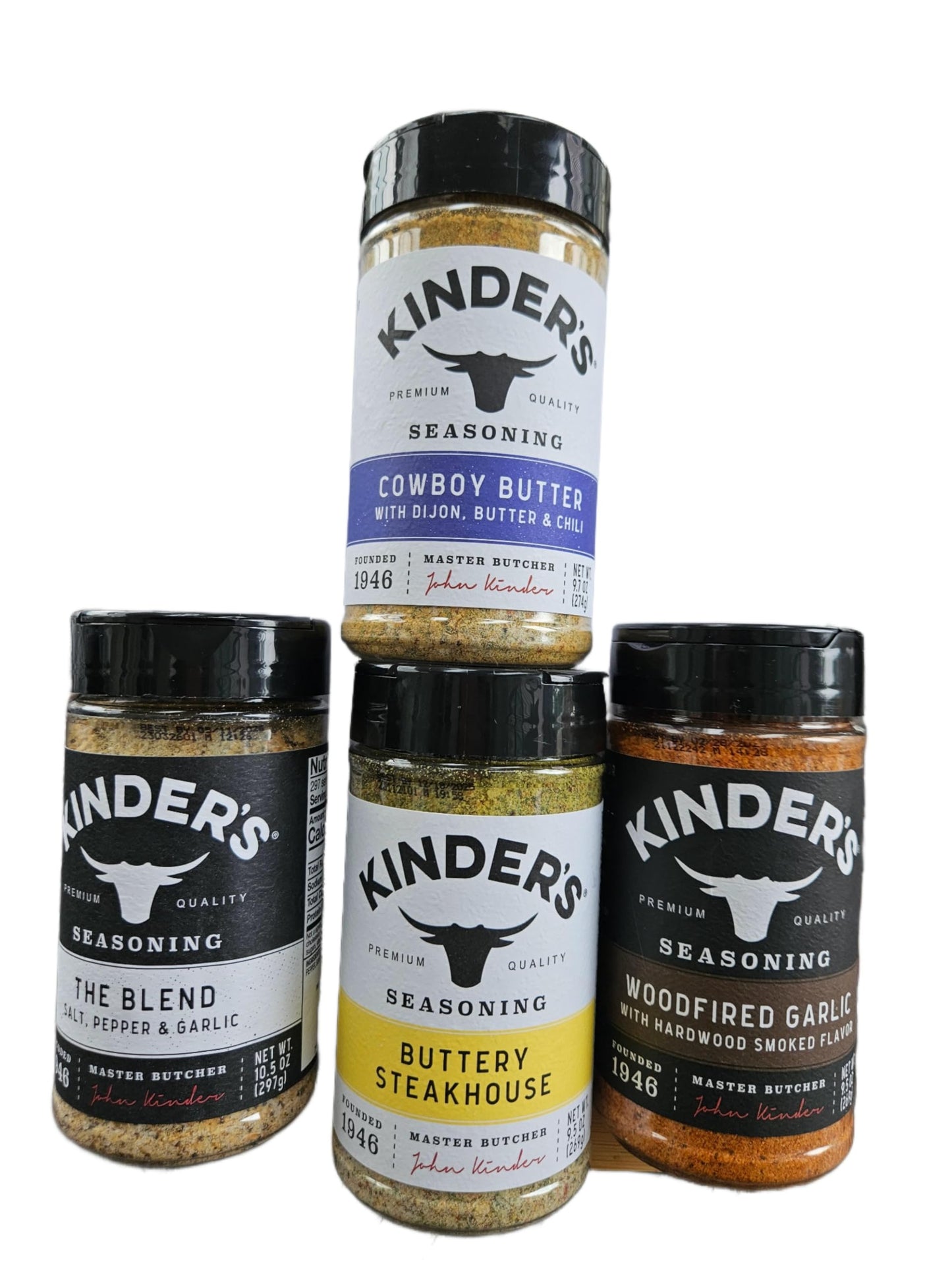 Seasoning Set by KINDERs Pantry Essentials, 4 Pack, 10.5 oz The Blend, 9.5 oz Buttery Steakhouse, 9.5 oz Woodfired Garlic, 9.4 oz Cowboy Butter