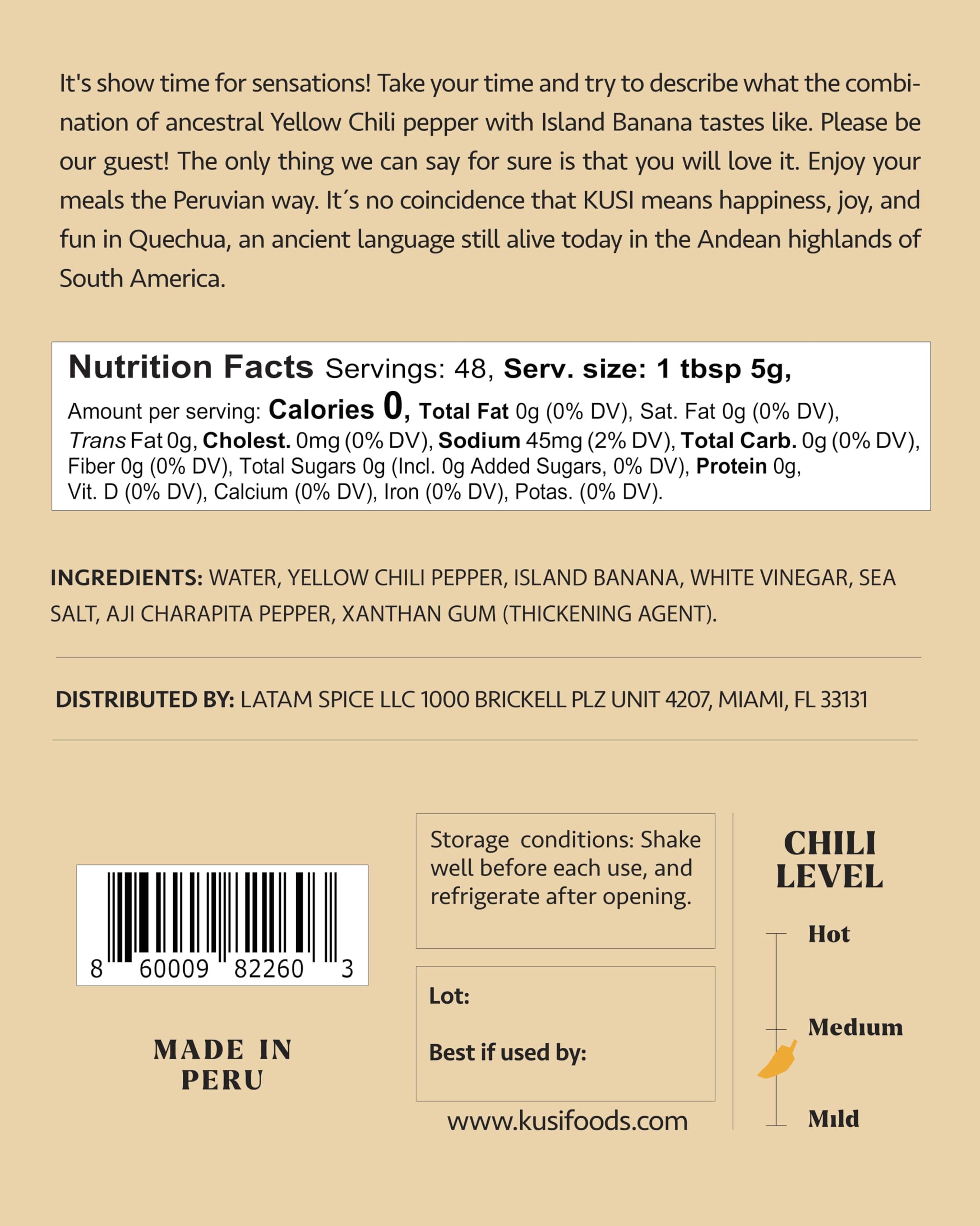 Kusi Foods MYSTIC GOLD Peruvian Mild Hot Sauce, Made with Yellow Chili Peppers, Banana and Aji Charapita, Fruity, Slightly Sweet and Spicy, Fermented
