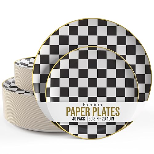 Trendables Heavy Duty Paper Plates Bulk 40 Pcs Disposable Party Plates - 20 X 8 Inch Dessert Plate & 20 X 10 Inch Paper Plate Checkered decor, black