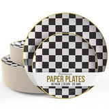 Trendables Heavy Duty Paper Plates Bulk 40 Pcs Disposable Party Plates - 20 X 8 Inch Dessert Plate & 20 X 10 Inch Paper Plate Checkered decor, black