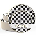 Trendables Heavy Duty Paper Plates Bulk 40 Pcs Disposable Party Plates - 20 X 8 Inch Dessert Plate & 20 X 10 Inch Paper Plate Checkered decor, black