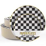 Trendables Heavy Duty Paper Plates Bulk 40 Pcs Disposable Party Plates - 20 X 8 Inch Dessert Plate & 20 X 10 Inch Paper Plate Checkered decor, black