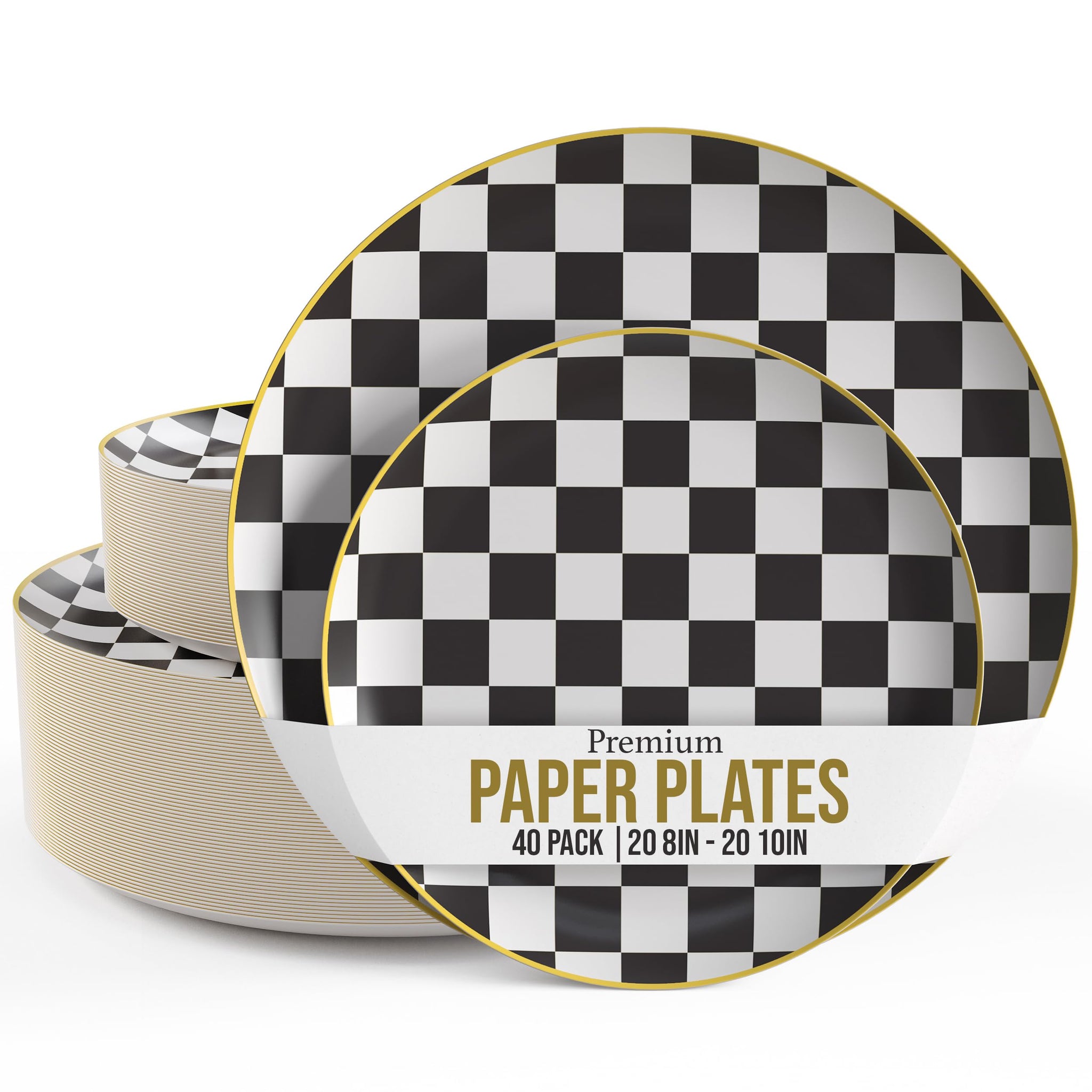 Trendables Heavy Duty Paper Plates Bulk 40 Pcs Disposable Party Plates - 20 X 8 Inch Dessert Plate & 20 X 10 Inch Paper Plate Checkered decor, black