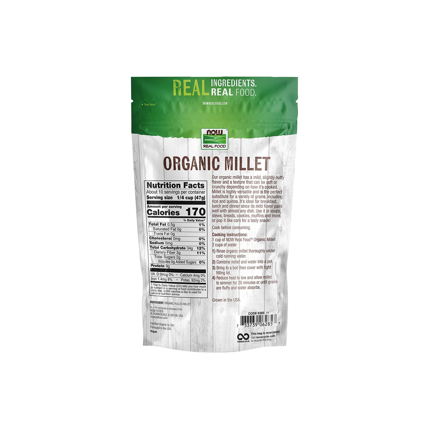 NOW Foods, Organic Millet, Gluten-Free, Whole Grain, Hulled, USA-Grown, 16-Ounce (Packaging May Vary)