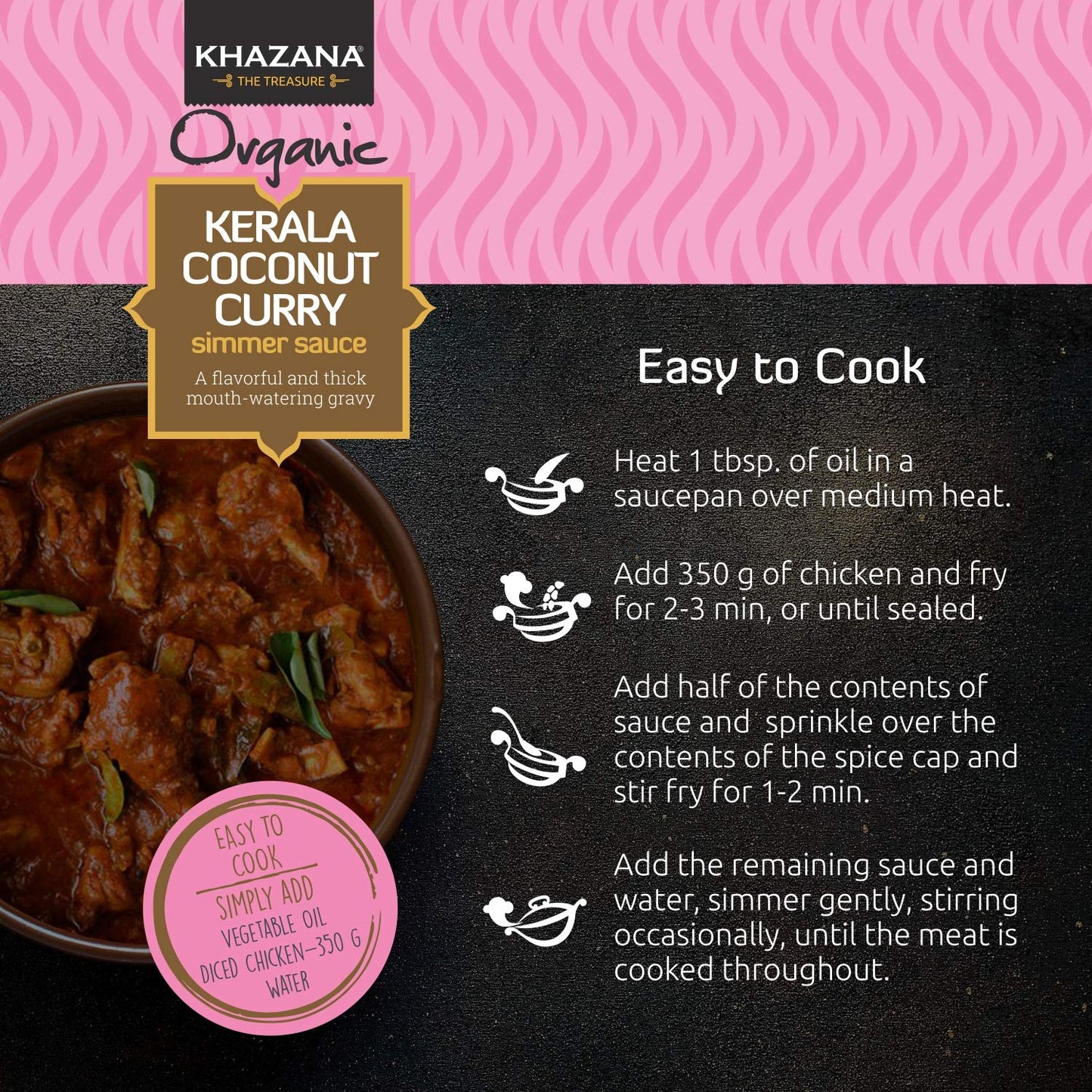 Khazana ORGANIC Kerala Coconut Curry Indian Simmer Sauce - 6 x 12.7oz Jars | Non-GMO, Vegan, Gluten Free, Kosher | Authentic Indian Meals Made Easy at