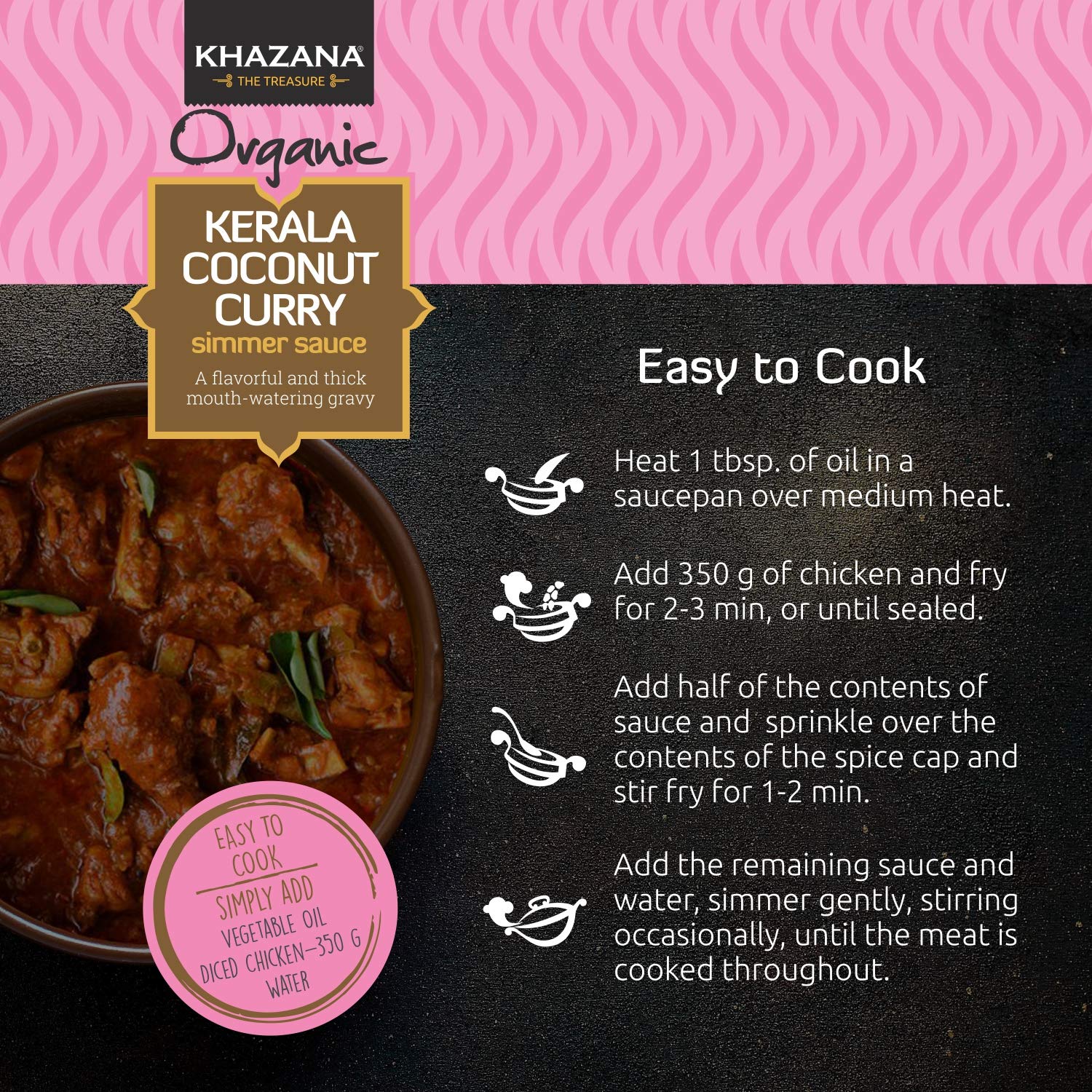 Khazana ORGANIC Kerala Coconut Curry Indian Simmer Sauce - 6 x 12.7oz Jars | Non-GMO, Vegan, Gluten Free, Kosher | Authentic Indian Meals Made Easy at